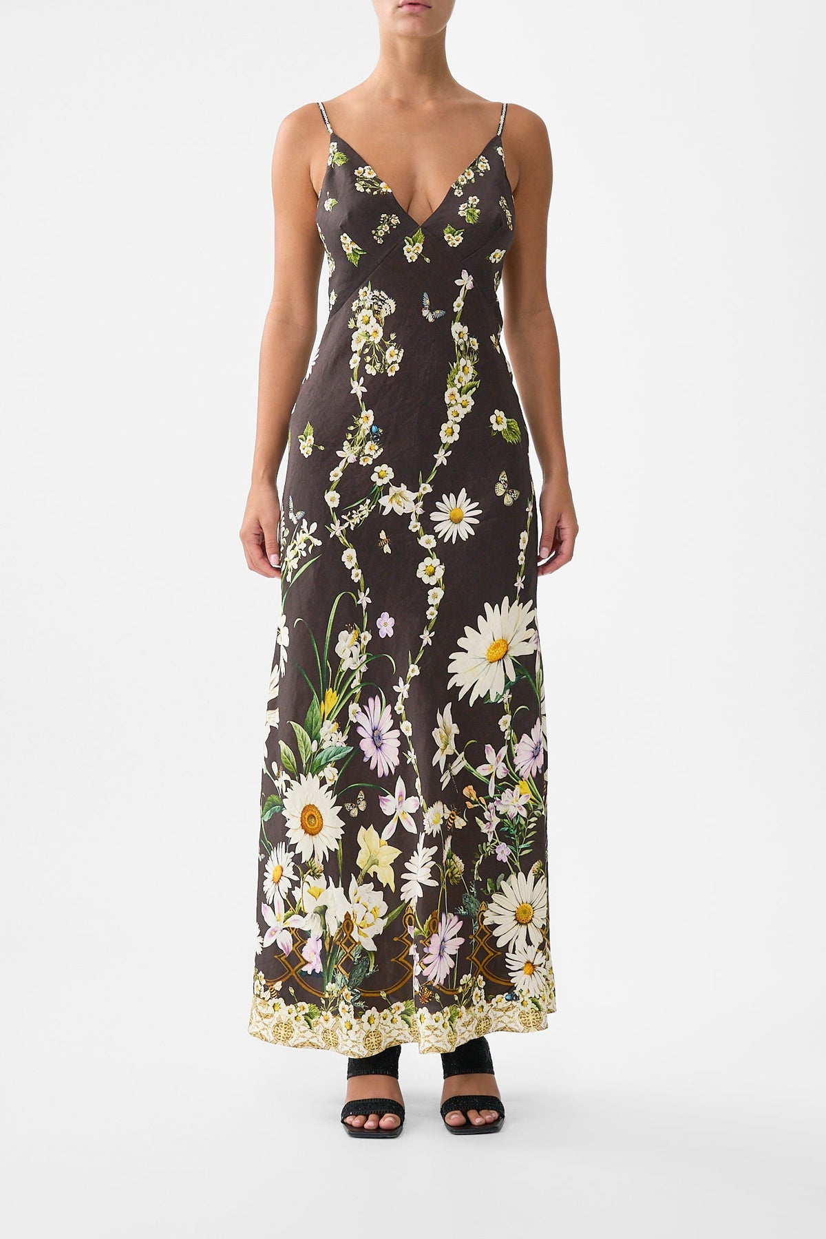 The CAMILLA V Neck Full Length Bias Slip Dress in our Dish It, Daisy print.