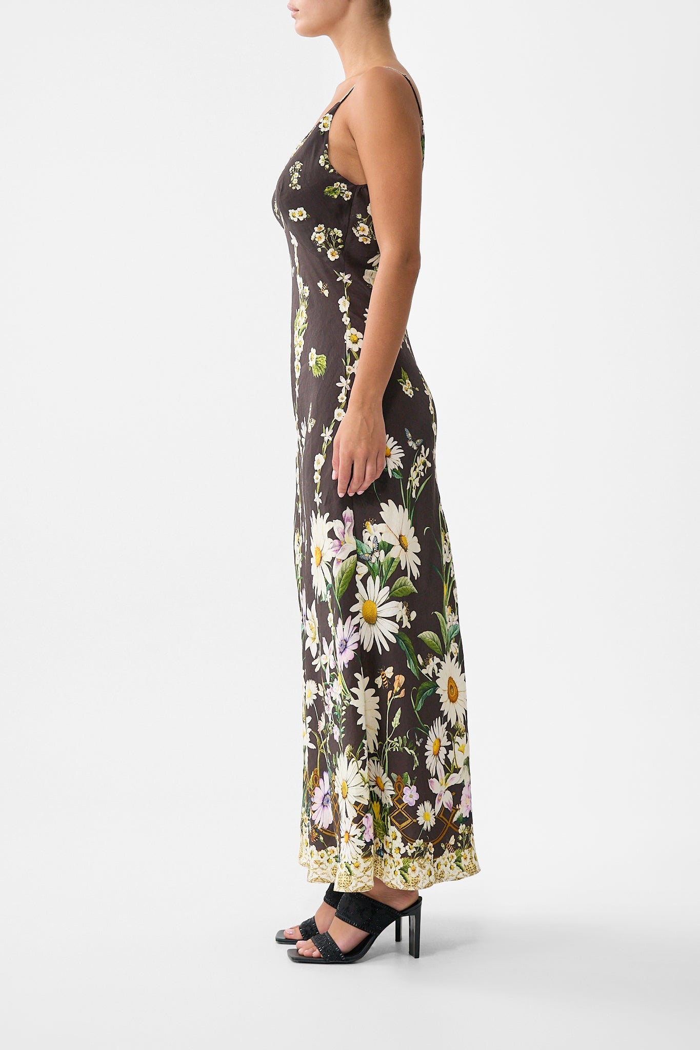 The CAMILLA V NECK FULL LENGTH BIAS SLIP DRESS DISH IT, DAISY in our  print.