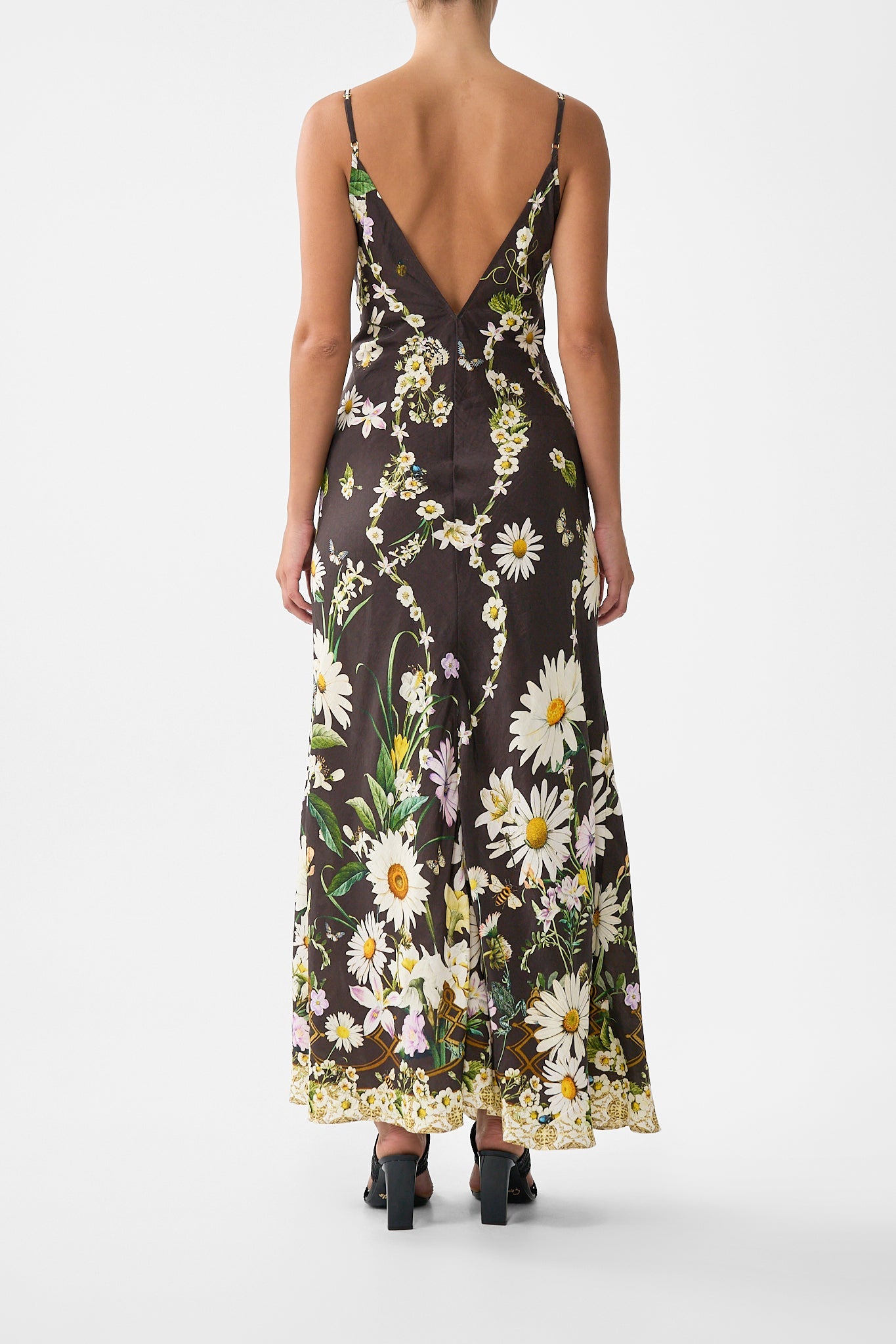 The CAMILLA V NECK FULL LENGTH BIAS SLIP DRESS DISH IT, DAISY in our  print.