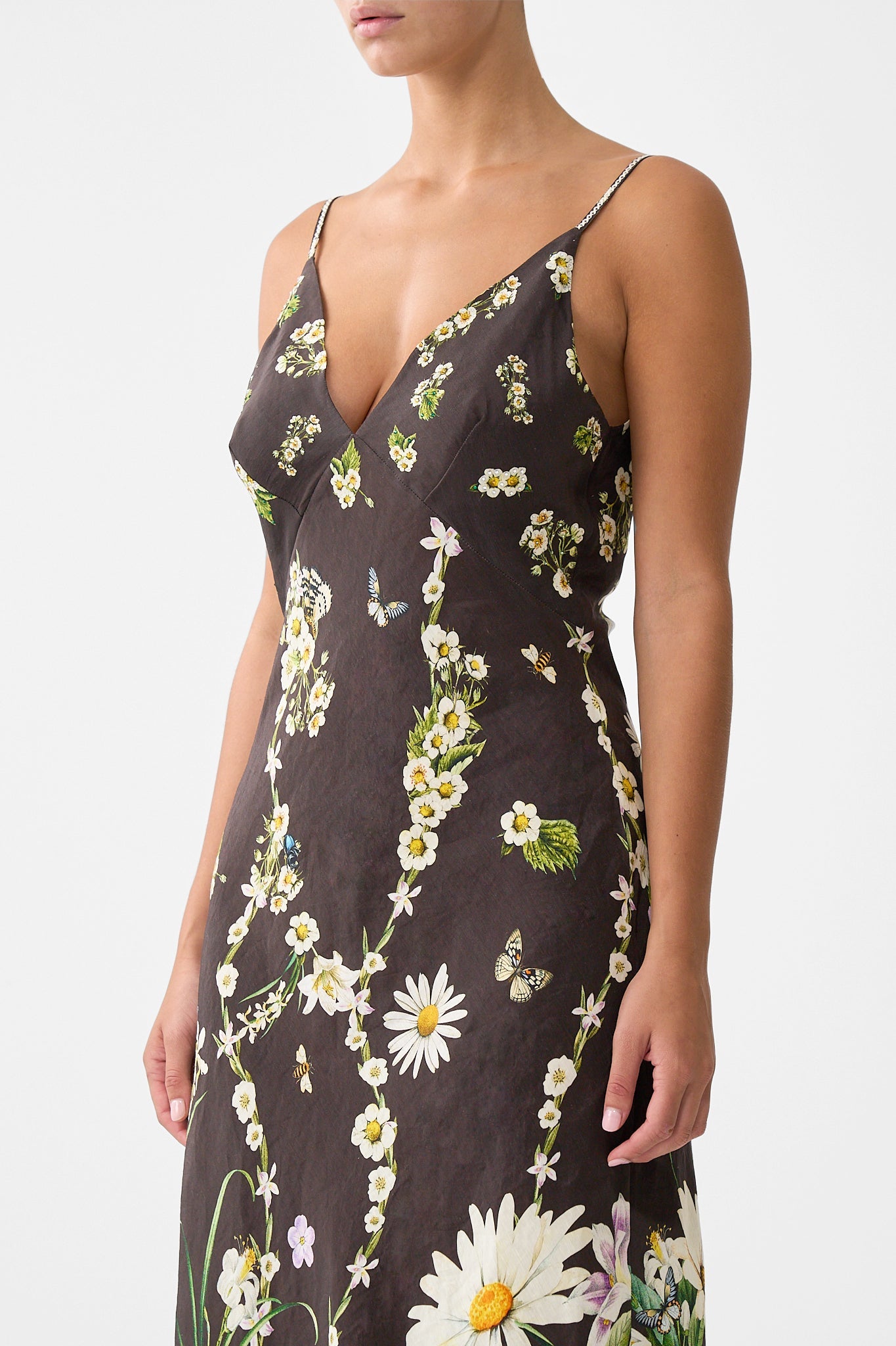 The CAMILLA V NECK FULL LENGTH BIAS SLIP DRESS DISH IT, DAISY in our  print.