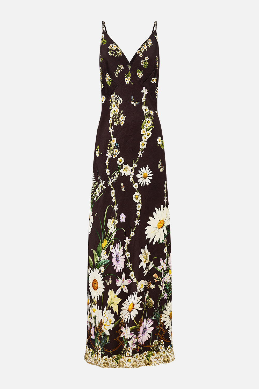 The CAMILLA V NECK FULL LENGTH BIAS SLIP DRESS DISH IT, DAISY in our  print.