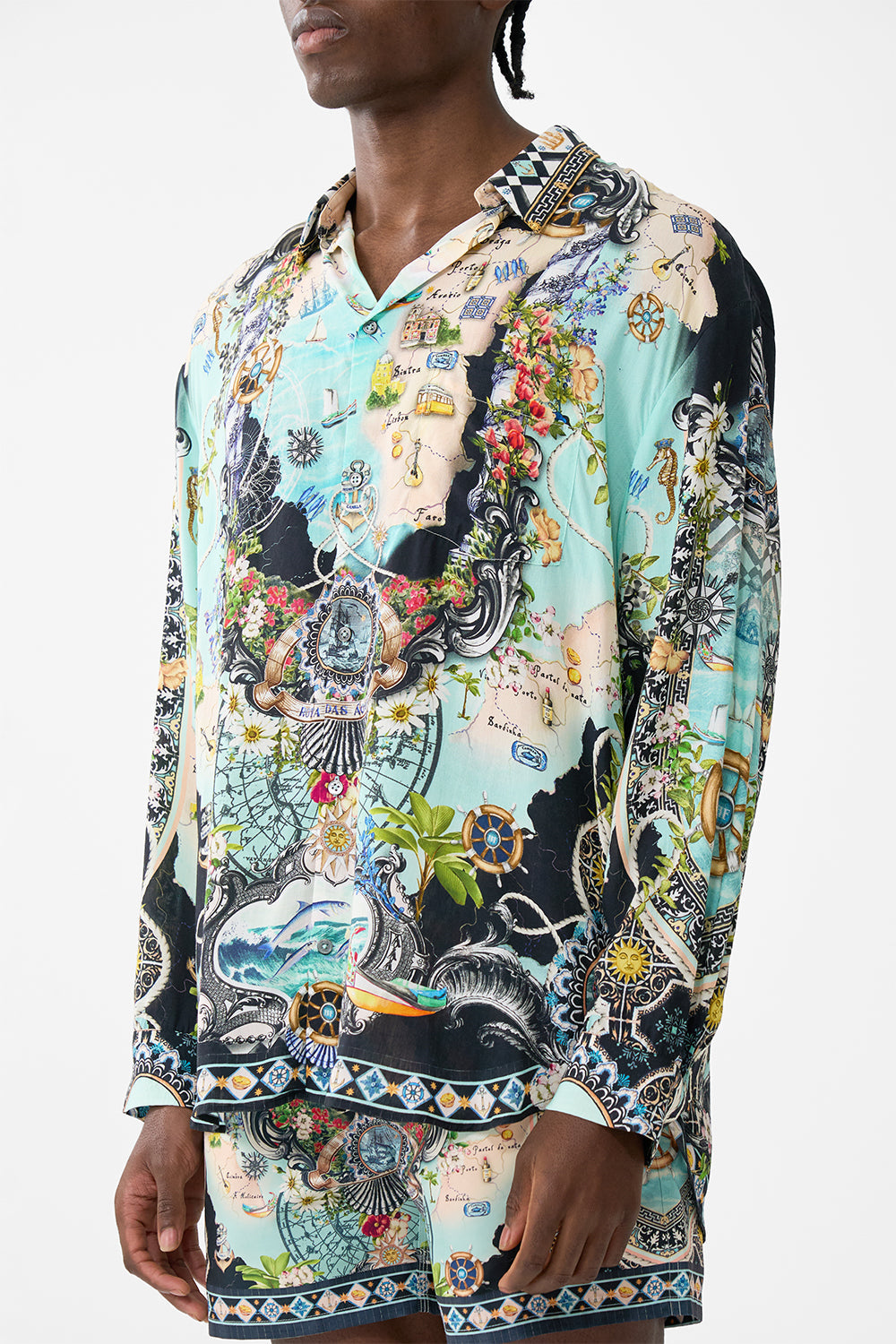 The CAMILLA LONG SLEEVE OVERSIZED SHIRT FOLK AFLOAT in our  print.