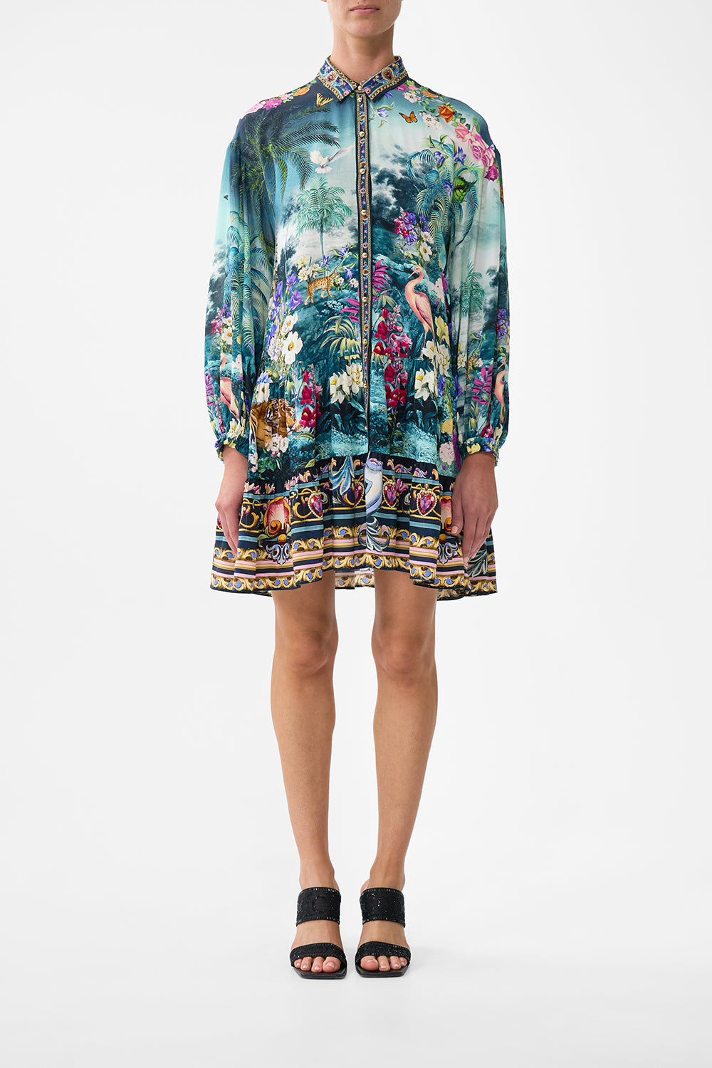 The CAMILLA LONG SLEEVE TIERED SHORT DRESS BASKED IN BAROQUE in our BASKED IN BAROQUE print.