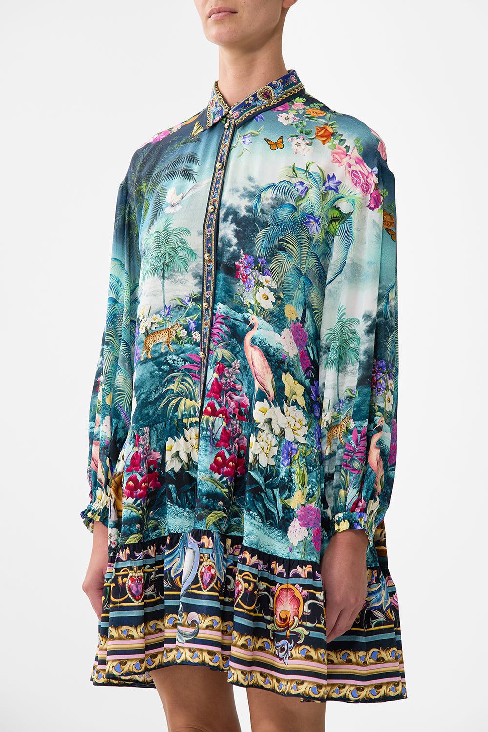 The CAMILLA LONG SLEEVE TIERED SHORT DRESS BASKED IN BAROQUE in our  print.