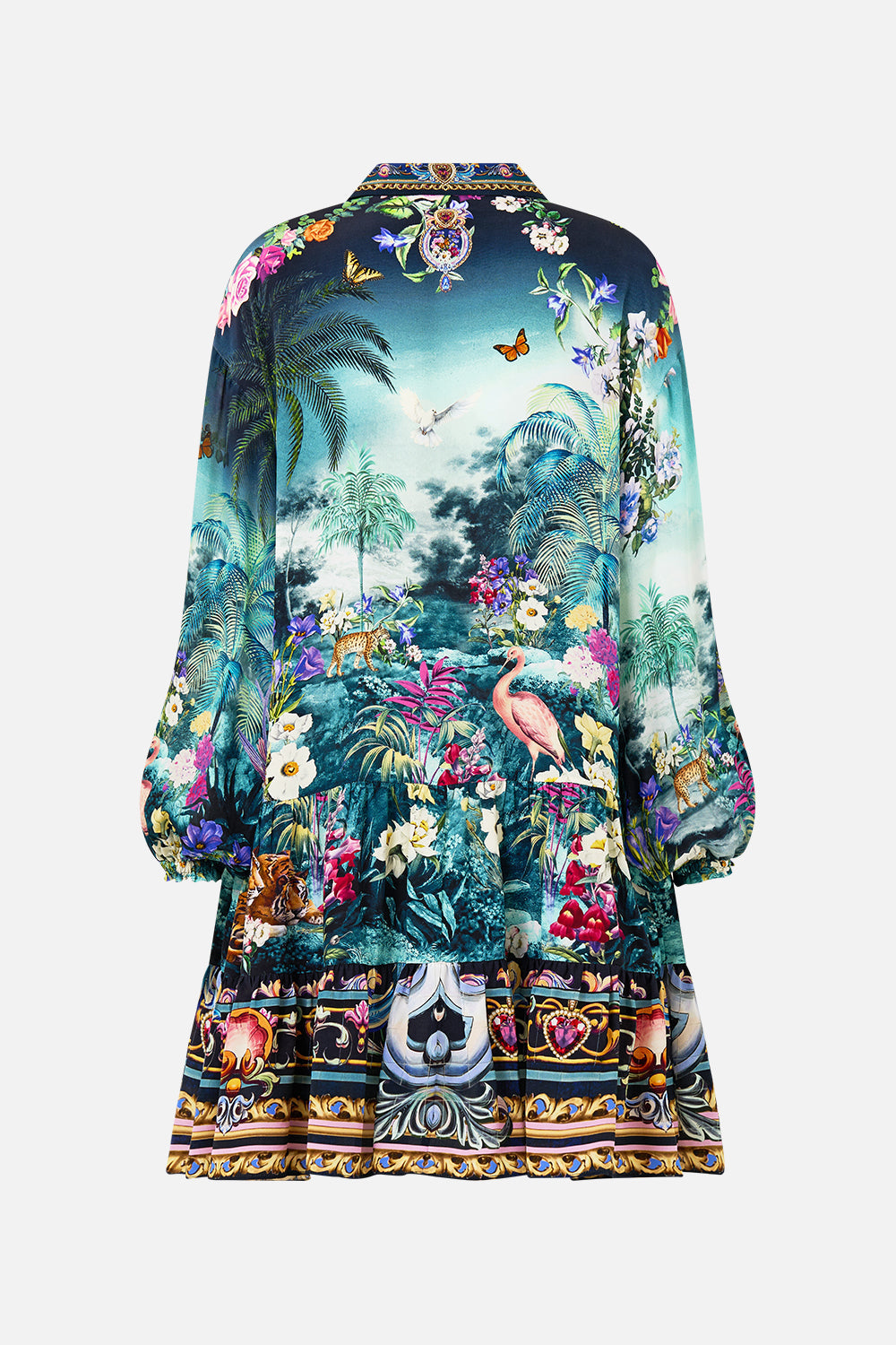 The CAMILLA LONG SLEEVE TIERED SHORT DRESS BASKED IN BAROQUE in our  print.