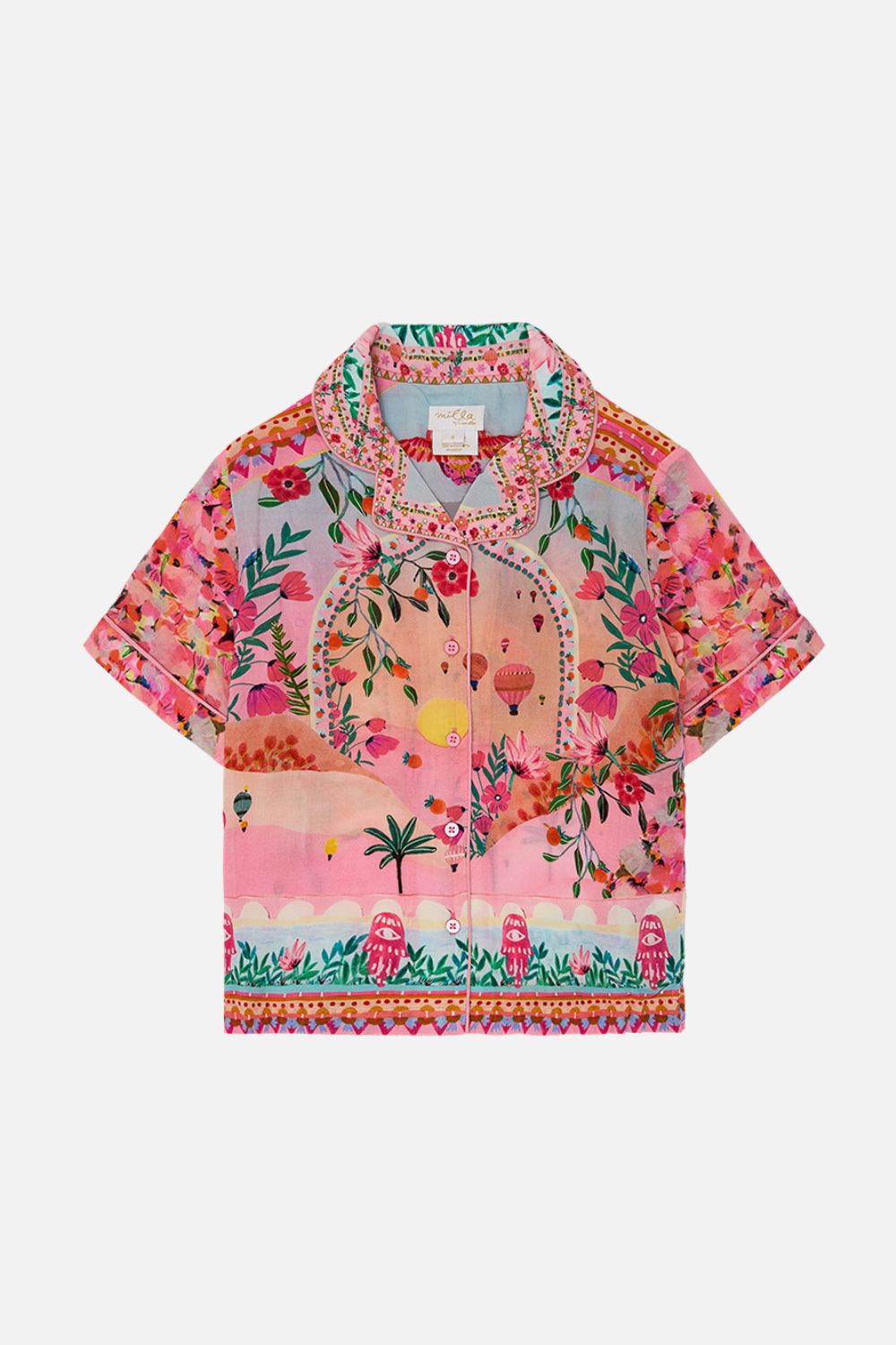 The CAMILLA KIDS SHORT SLEEVE SHIRT 12-14 SISTER SUNSET in our SISTER SUNSET print.