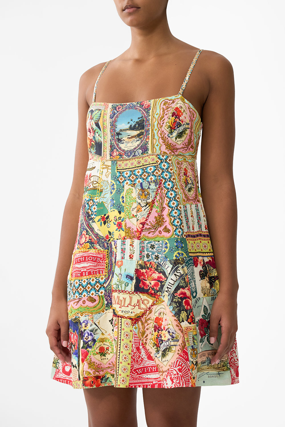 The CAMILLA SHORT SQUARE NECK SUNDRESS SOAP OPERA in our  print.