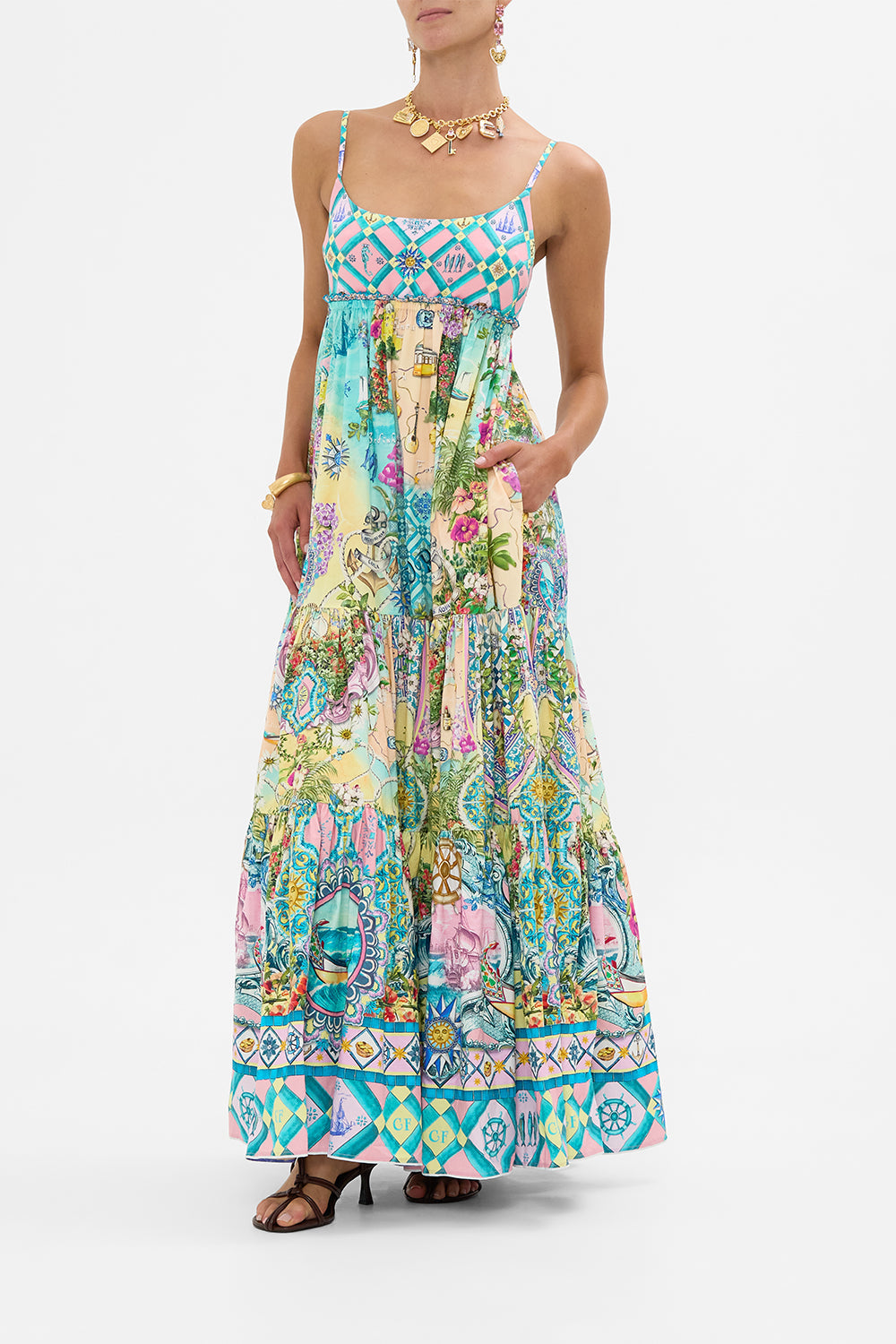 The CAMILLA LONG DRESS WITH JERSEY BODICE JUST COASTING in our  print.