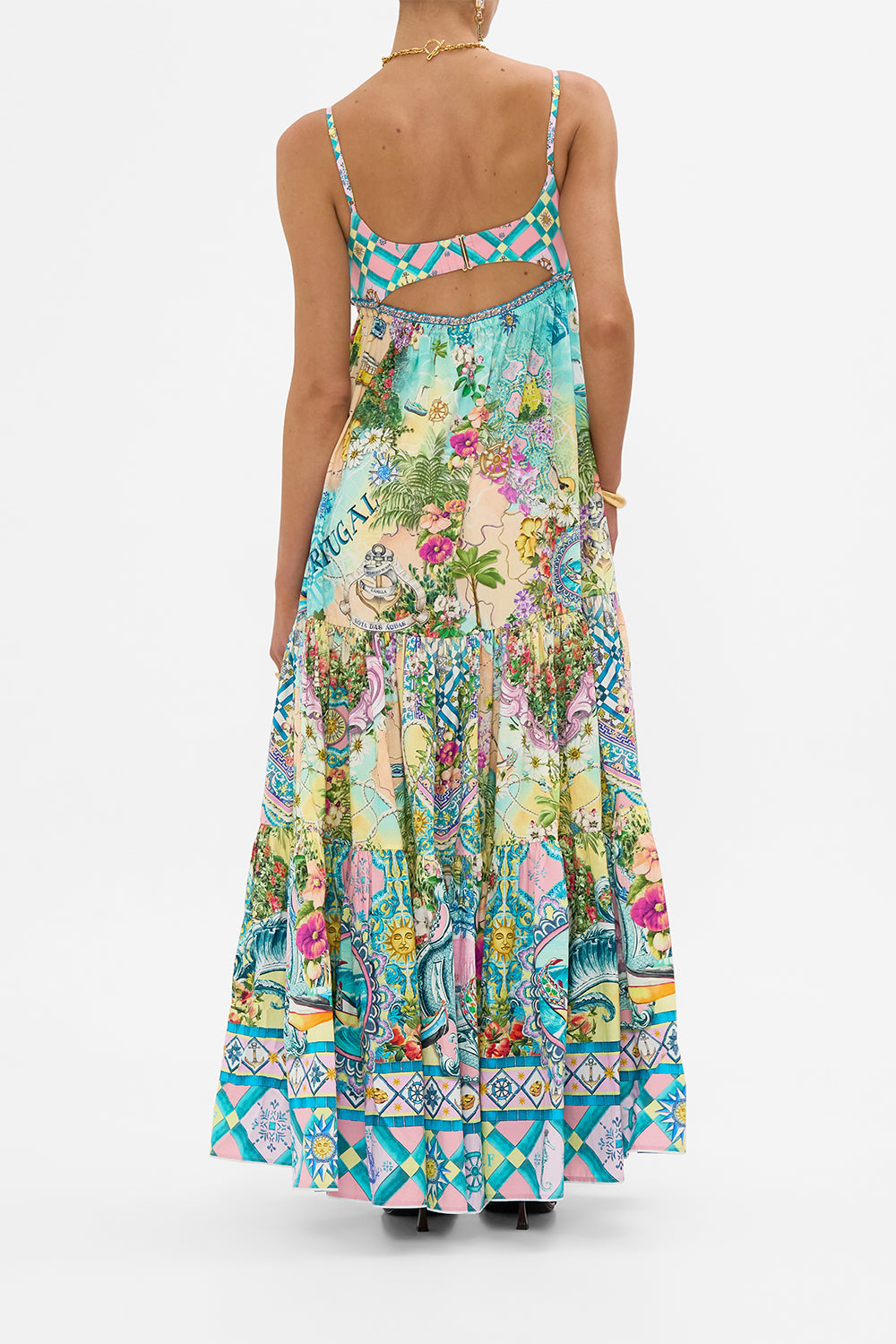 The CAMILLA LONG DRESS WITH JERSEY BODICE JUST COASTING in our  print.