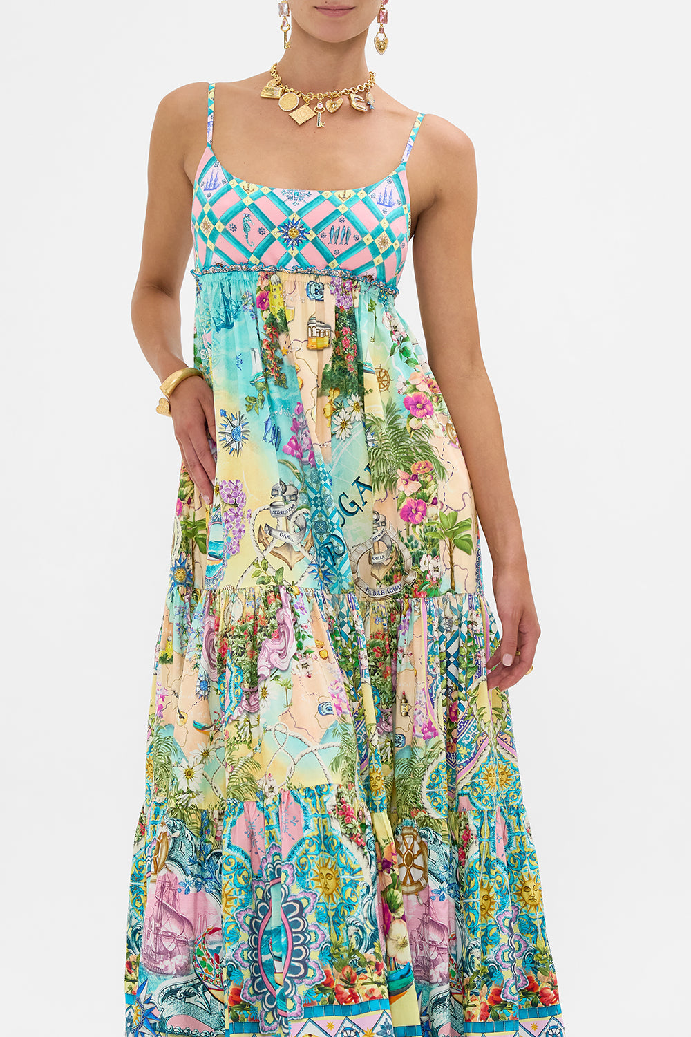The CAMILLA LONG DRESS WITH JERSEY BODICE JUST COASTING in our  print.