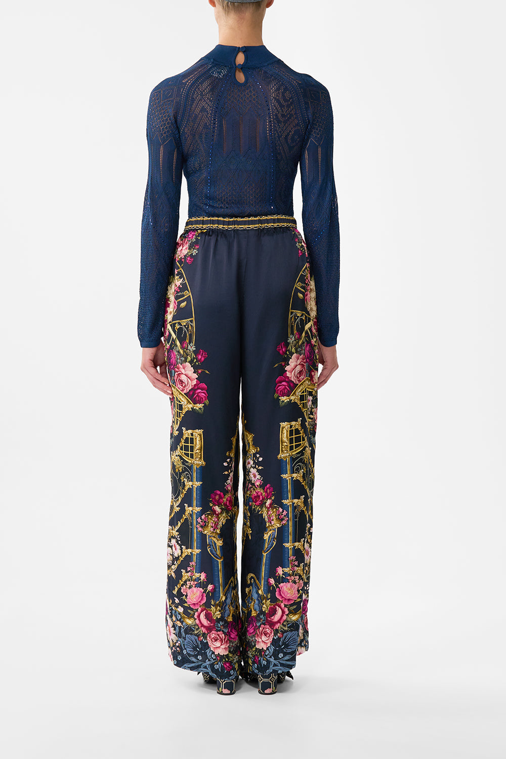 The CAMILLA Panelled Pointelle Knit Top in our Ornate On A Plate print.