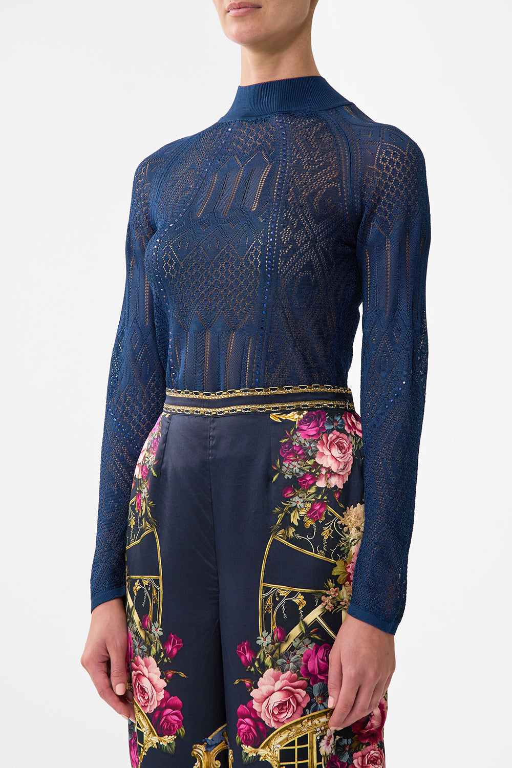 The CAMILLA PANELLED POINTELLE KNIT TOP ORNATE ON A PLATE in our  print.