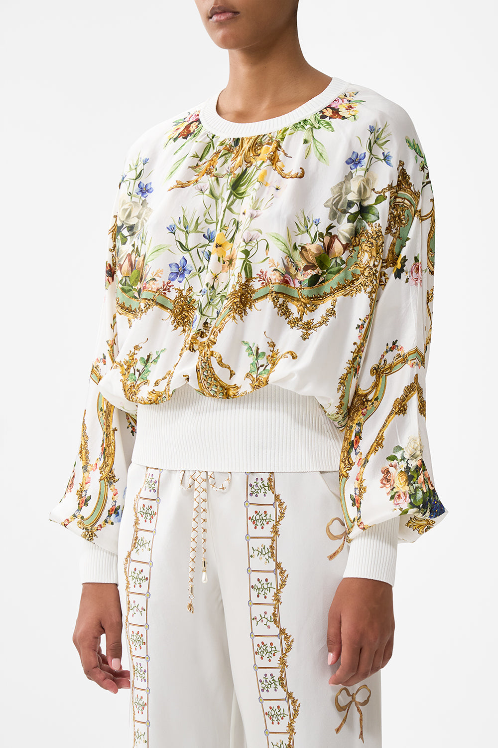 The CAMILLA Silk Body Knit Jumper in our Dressing Room Drama print.