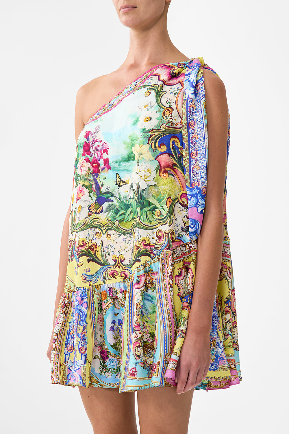 The CAMILLA Tie One Shoulder Short Dress in our Spirit Of Santa Maria print.