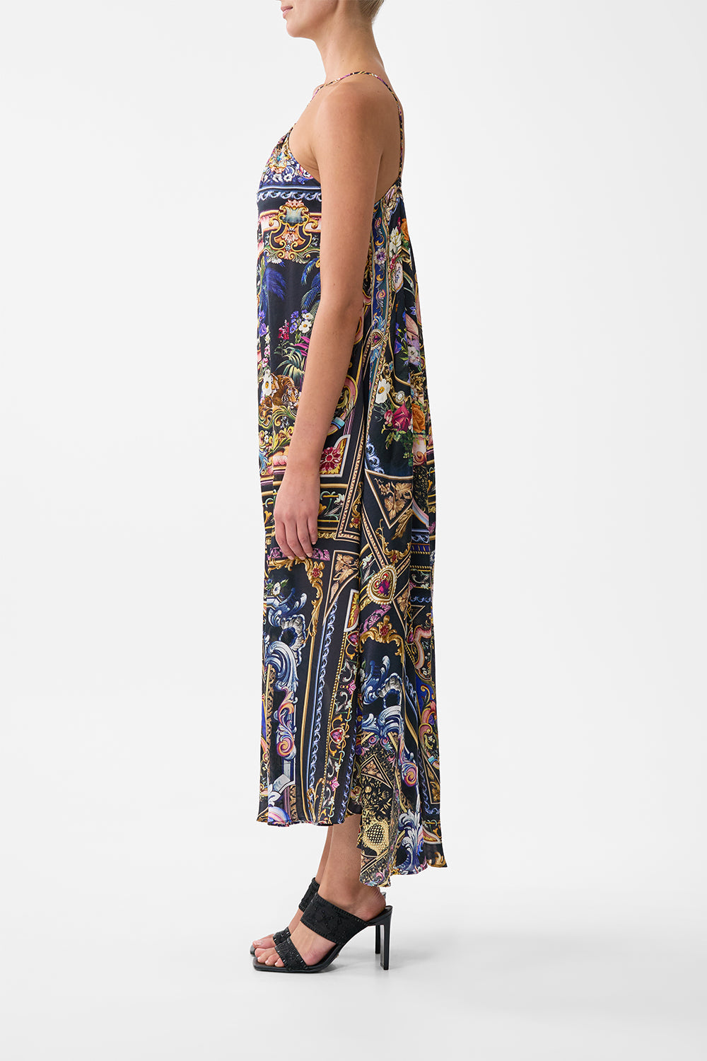 The CAMILLA GATHER NECK HARDWARE MAXI DRESS BASKED IN BAROQUE in our  print.
