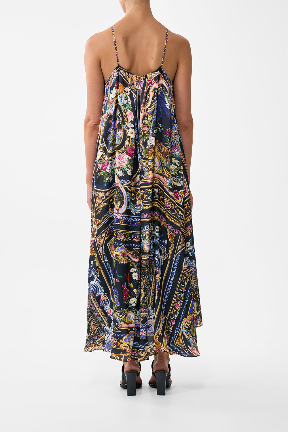 The CAMILLA GATHER NECK HARDWARE MAXI DRESS BASKED IN BAROQUE in our  print.