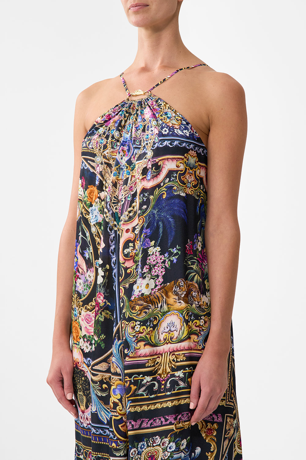 The CAMILLA GATHER NECK HARDWARE MAXI DRESS BASKED IN BAROQUE in our  print.