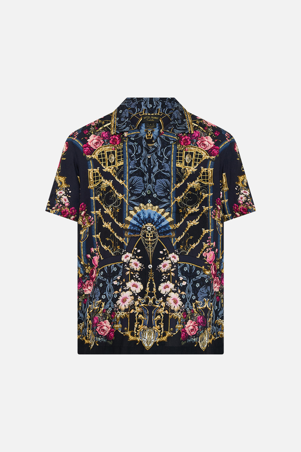 The CAMILLA SHORT SLEEVE CAMP COLLARED SHIRT ORNATE ON A PLATE in our  print.