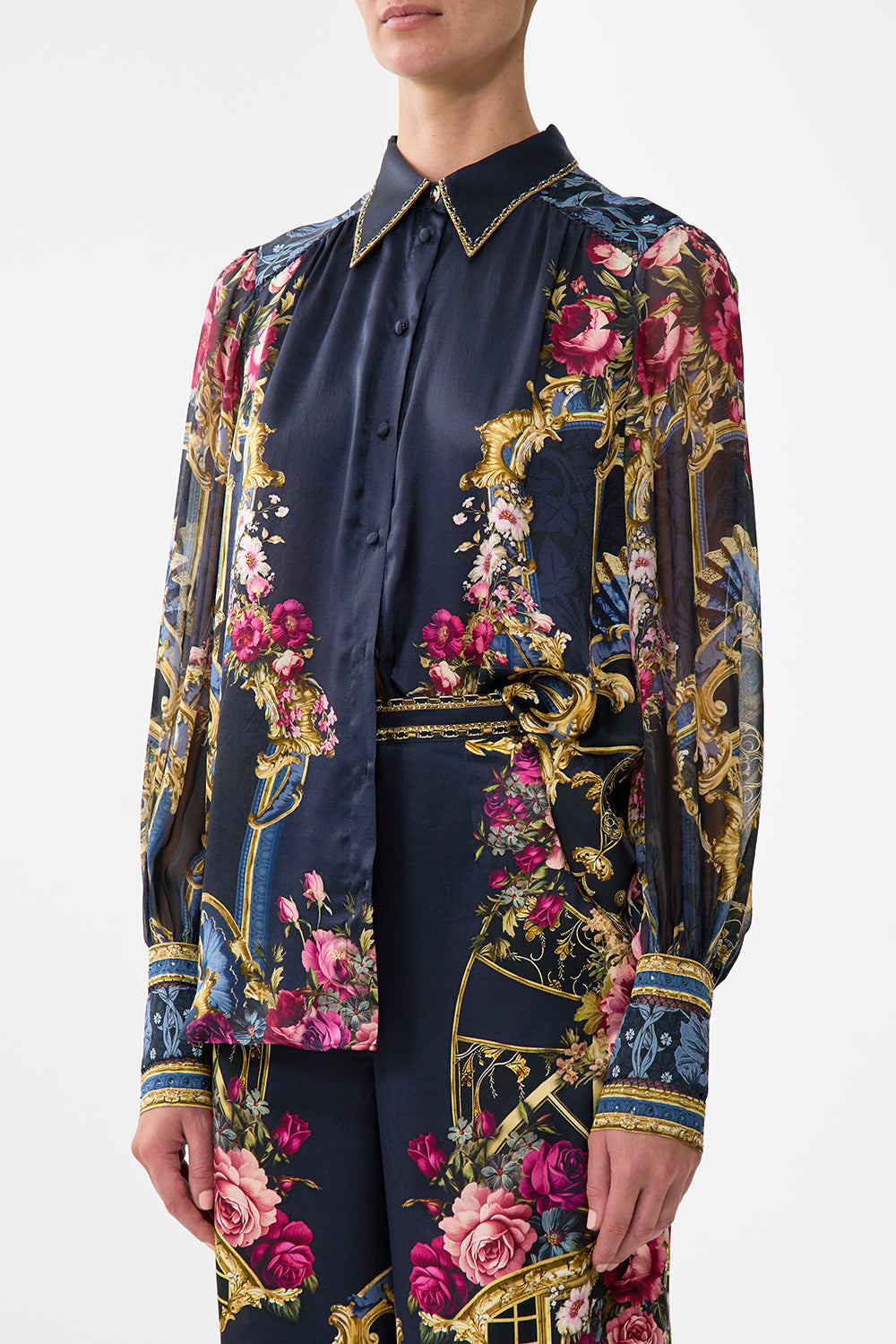 The CAMILLA Button Through Blouson Sleeve Blouse in our Ornate On A Plate print.
