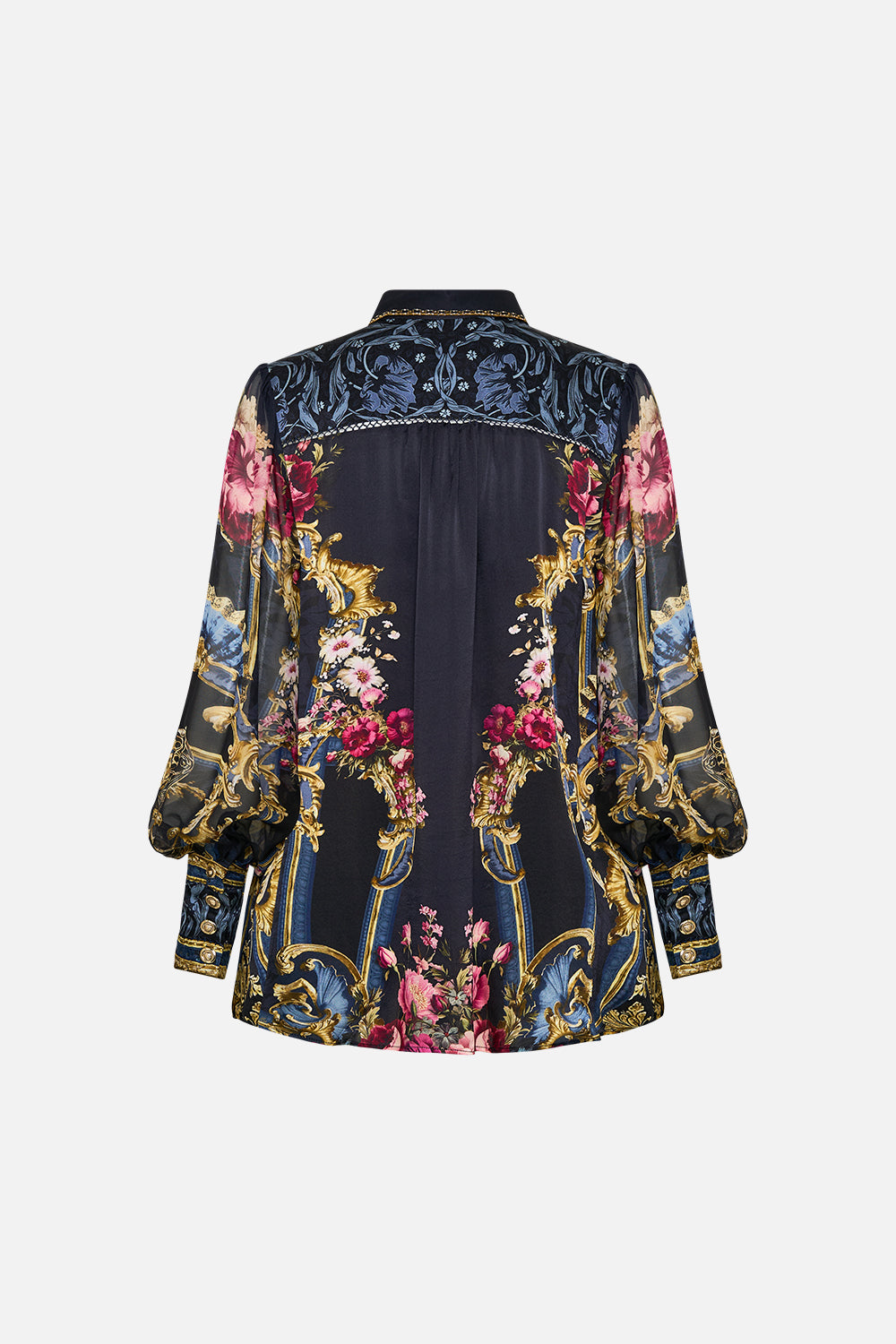 The CAMILLA Button Through Blouson Sleeve Blouse in our Ornate On A Plate print.
