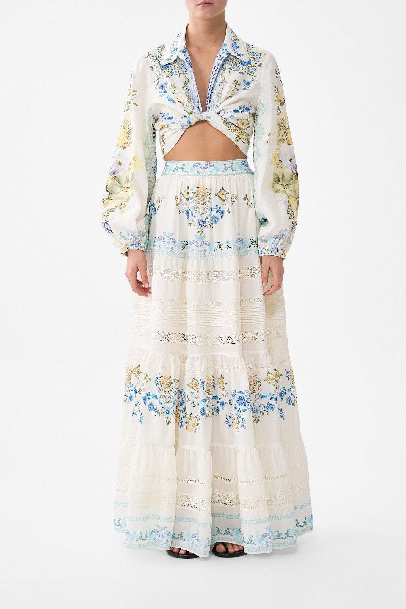 The CAMILLA TIERED MAXI SKIRT MY HOMESPUN HEART in our MY HOMESPUN HEART print.