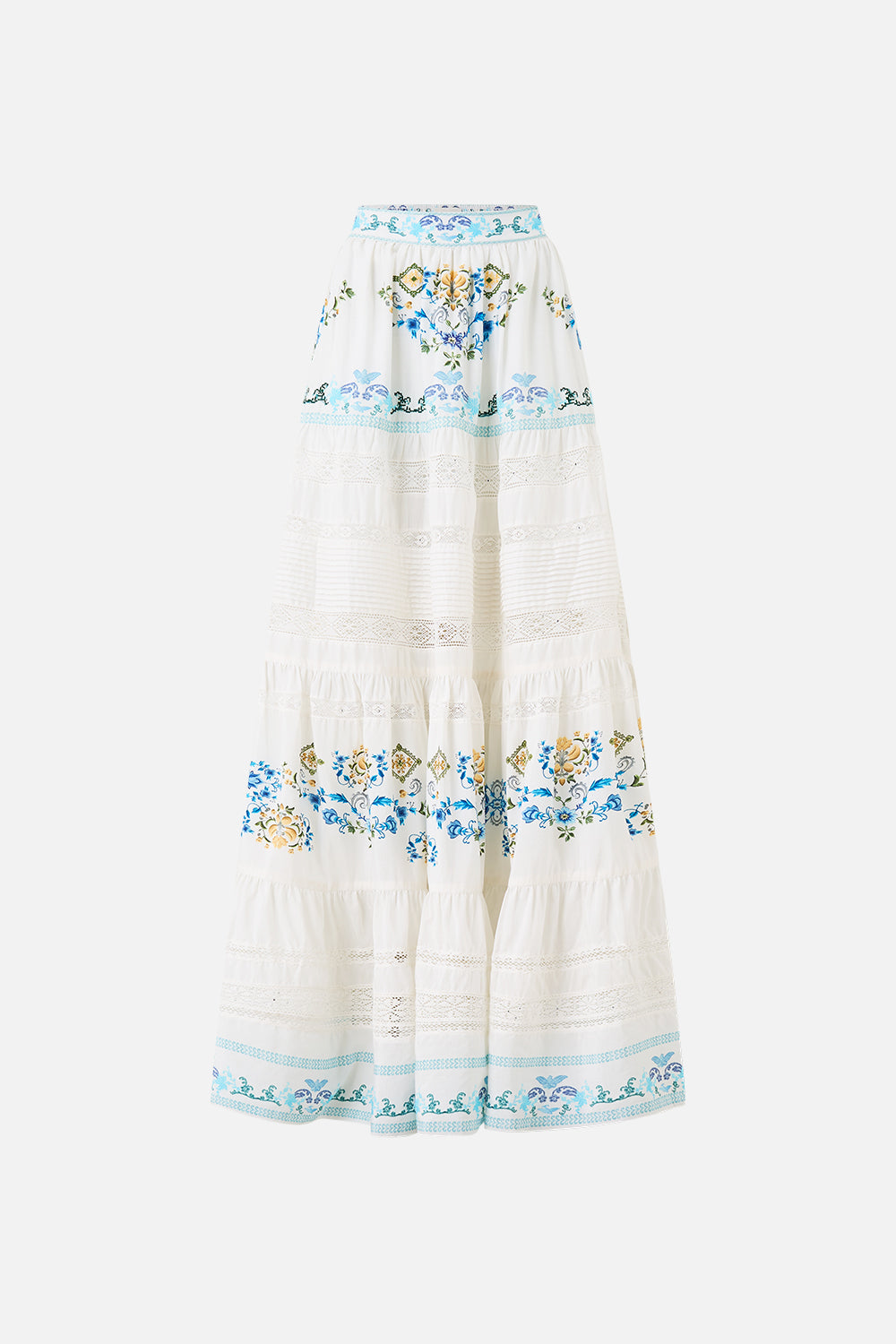 The CAMILLA TIERED MAXI SKIRT MY HOMESPUN HEART in our  print.