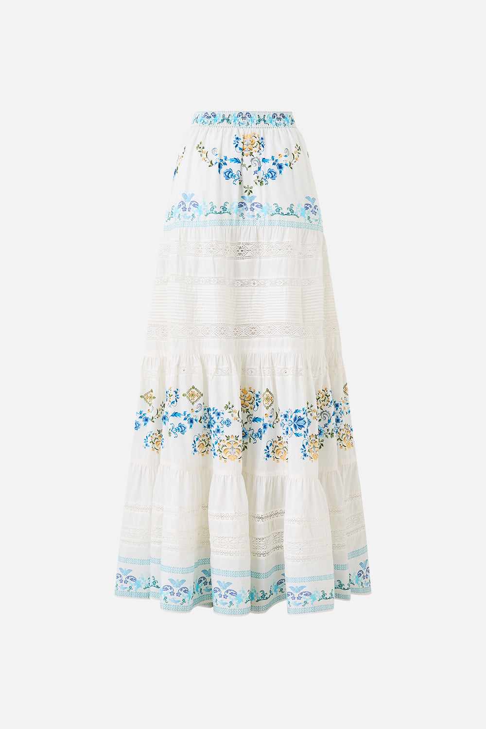 The CAMILLA TIERED MAXI SKIRT MY HOMESPUN HEART in our  print.
