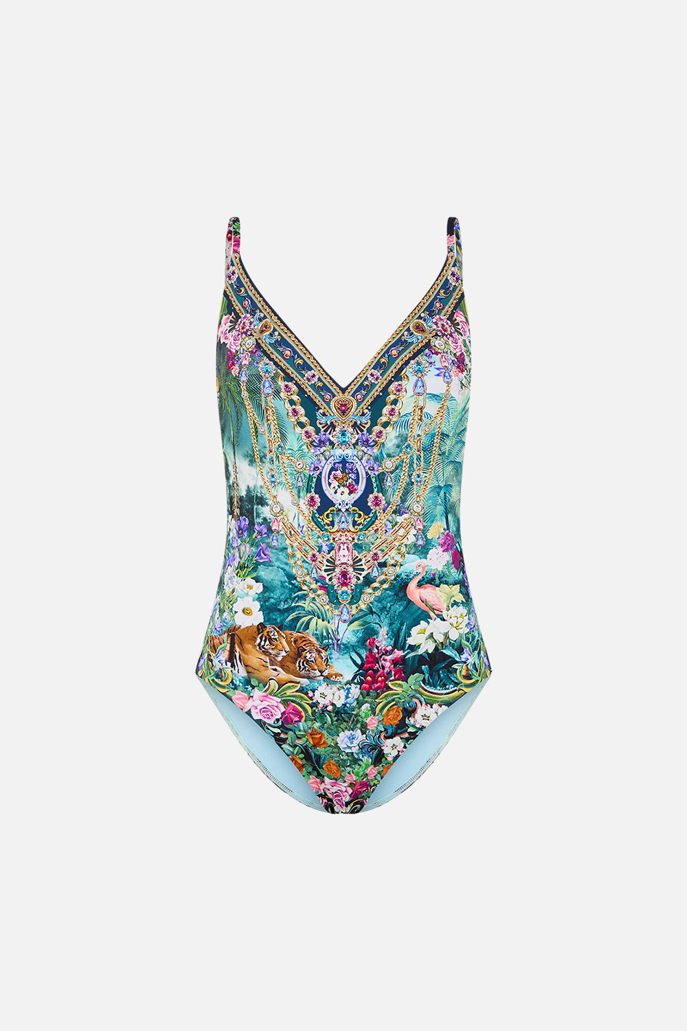 The CAMILLA V NECK UNDERWIRE ONE PIECE WITH BACK CLIP BASKED IN BAROQUE in our  print.