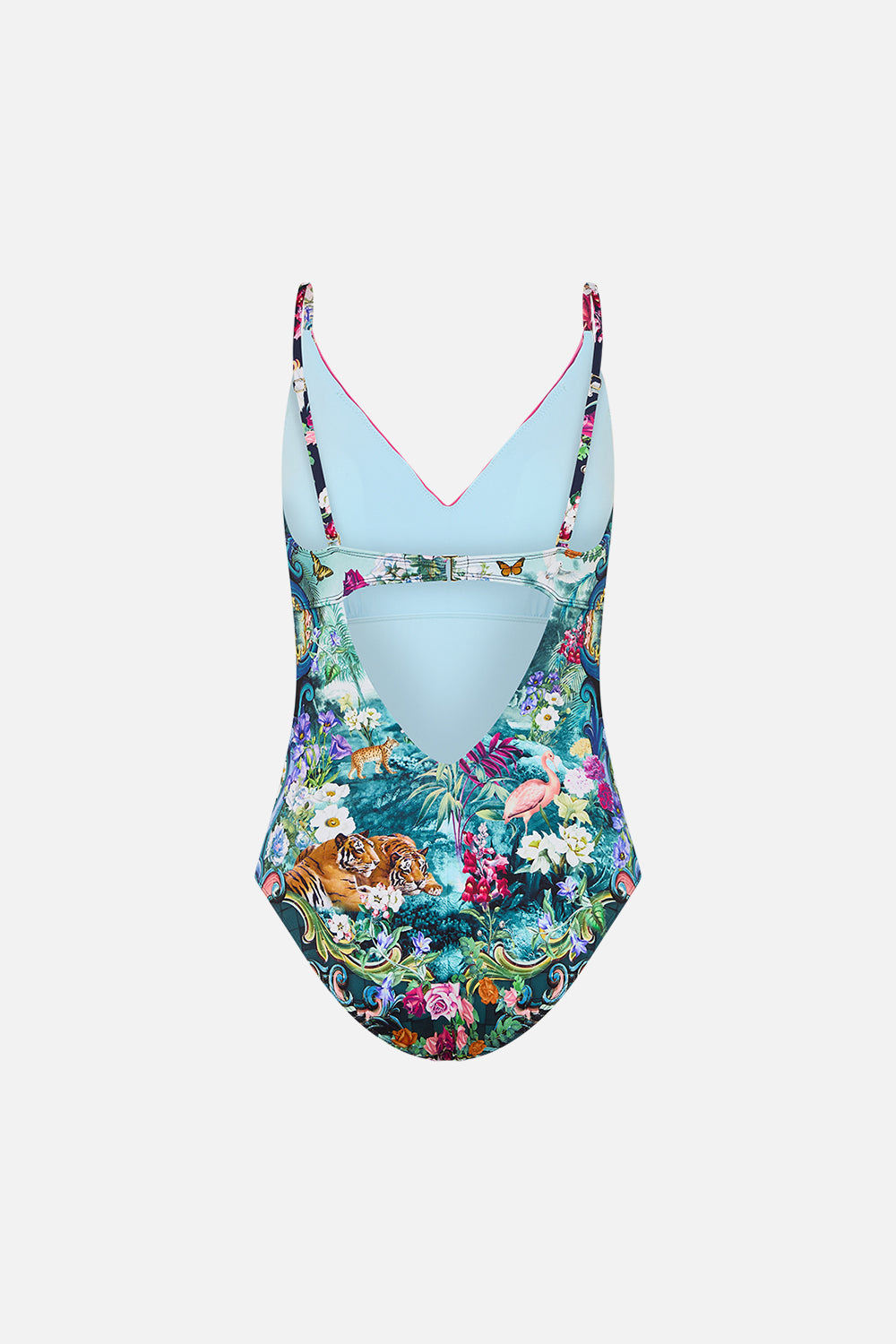 The CAMILLA V NECK UNDERWIRE ONE PIECE WITH BACK CLIP BASKED IN BAROQUE in our  print.