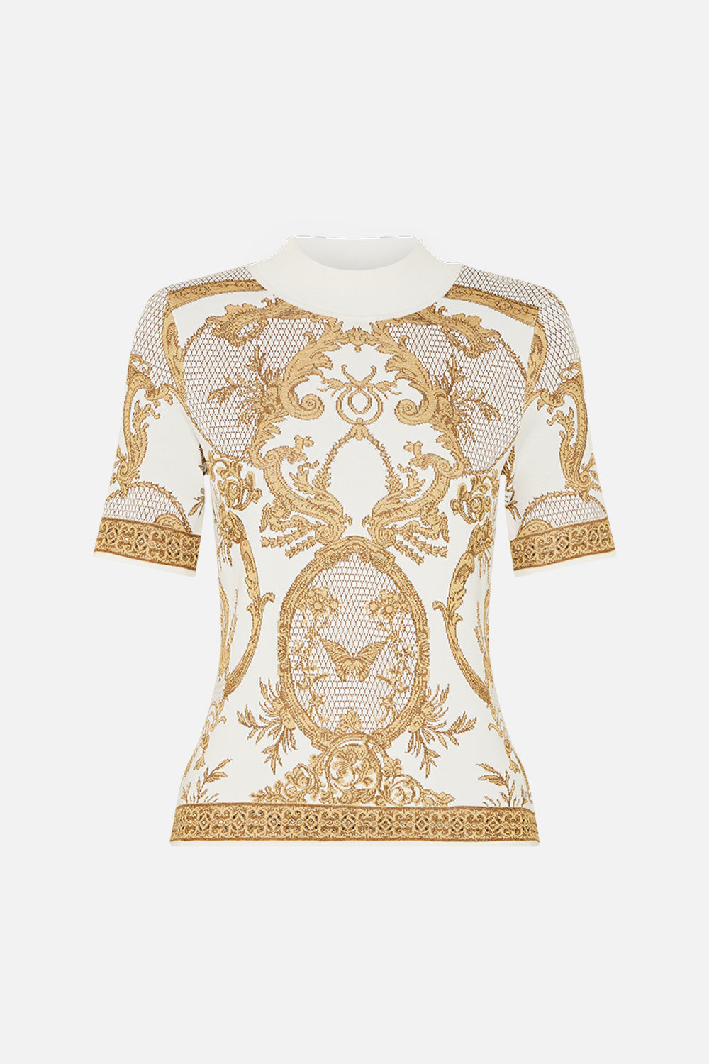 The CAMILLA Mock Neck Knit Top in our Dressing Room Drama print.