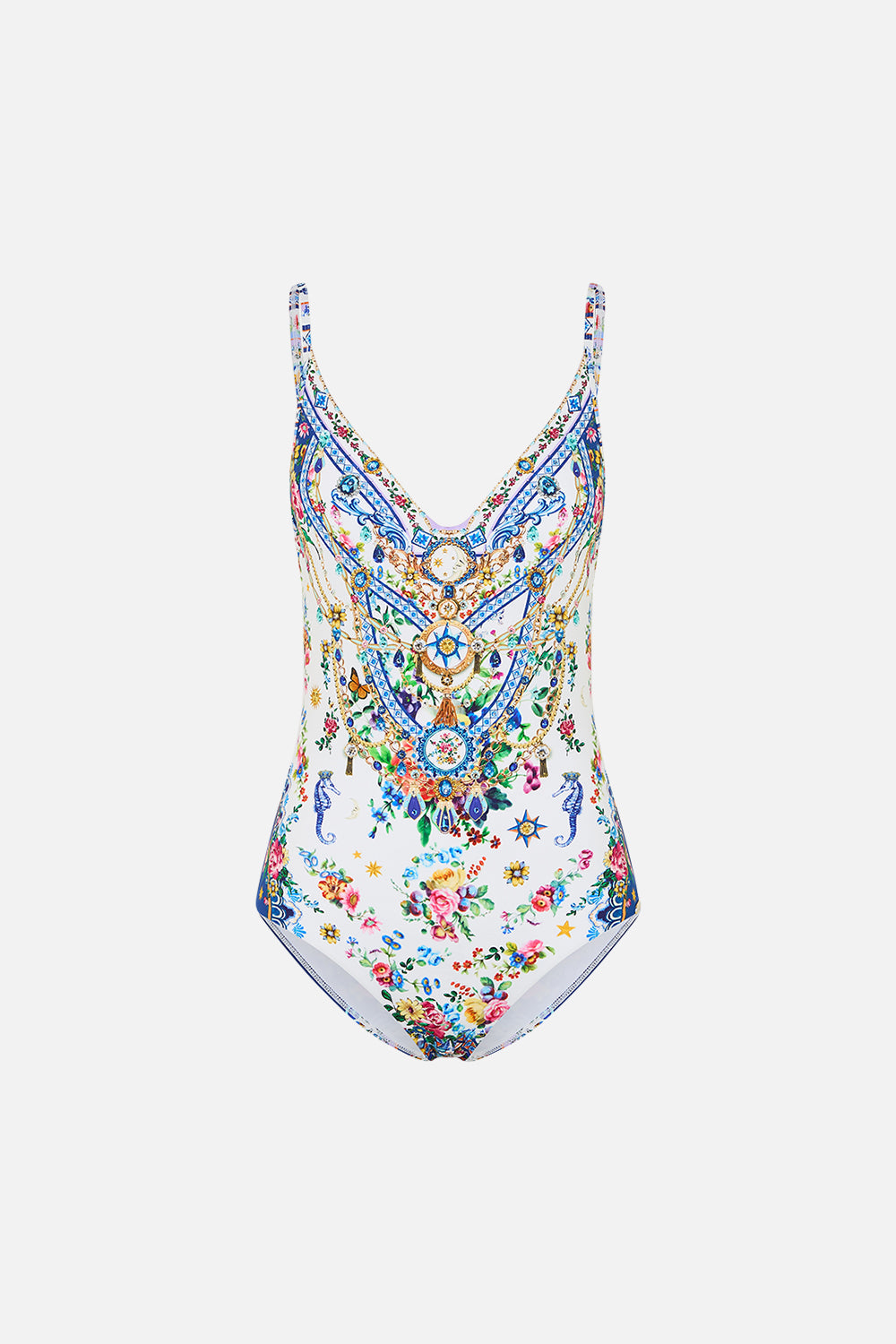 The CAMILLA V NECK UNDERWIRE ONE PIECE WITH SCOOP BACK TILES DARLS in our  print.