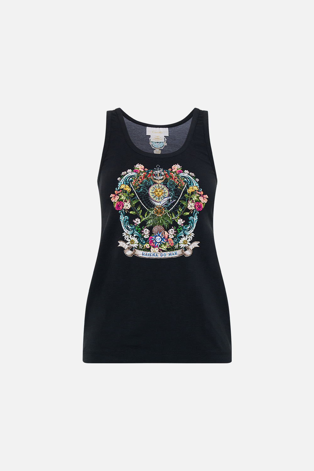 The CAMILLA Jersey Scoop Neck Tank Top in our Folk Afloat print.