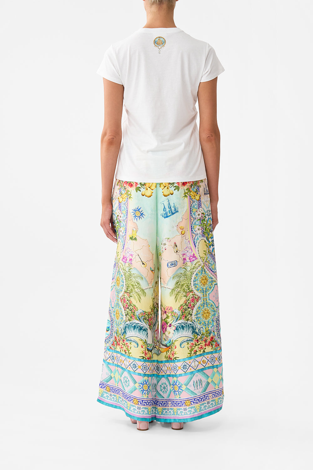 The CAMILLA Slim Fit Round Neck T-Shirt - White in our Just Coasting print.