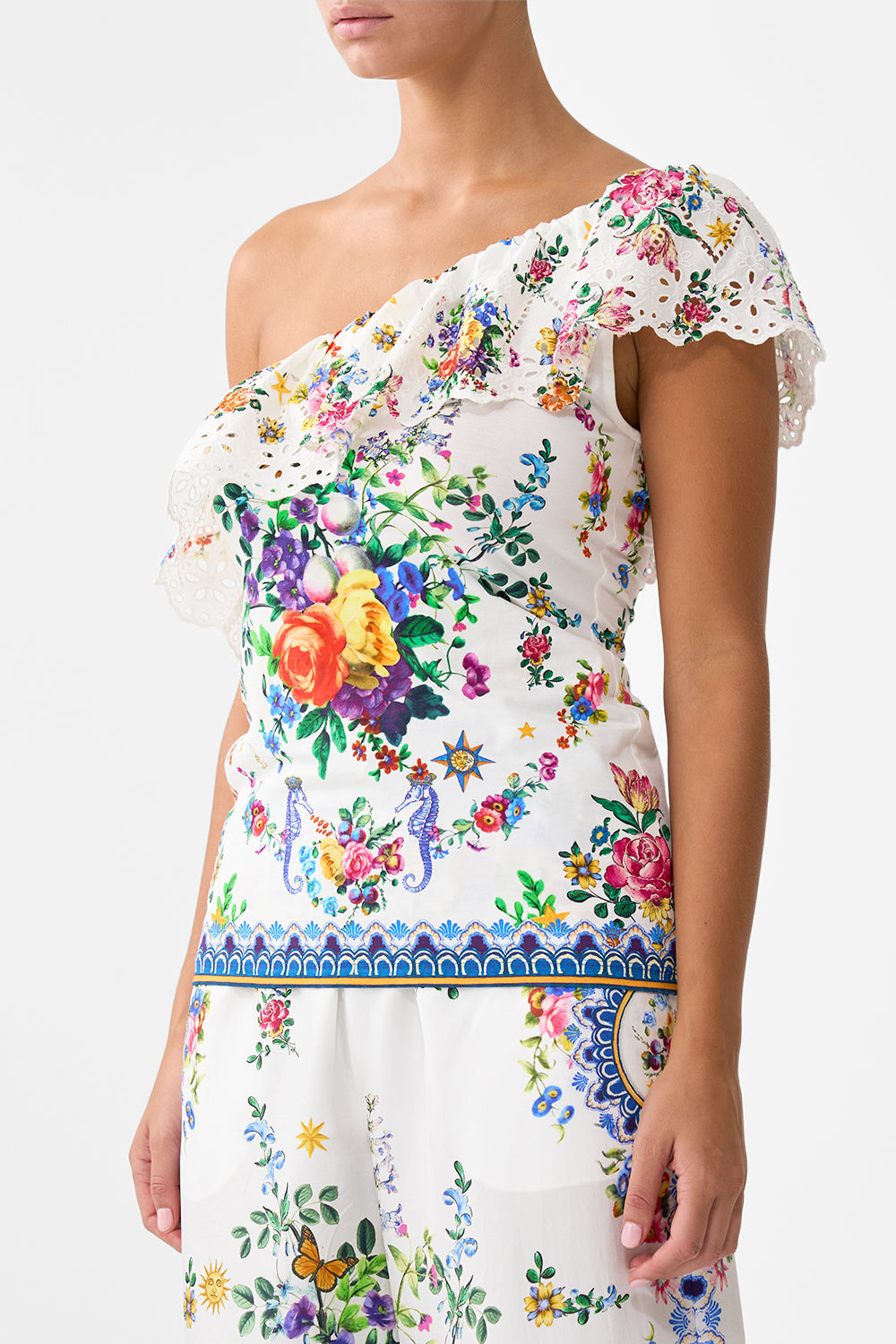 The CAMILLA ONE SHOULDER FITTED JERSEY TANK TILES DARLS in our  print.