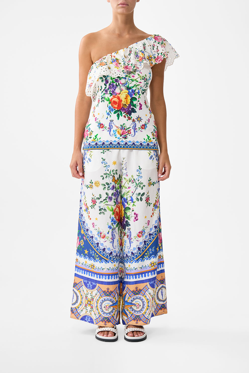 The CAMILLA ONE SHOULDER FITTED JERSEY TANK TILES DARLS in our TILES DARLS print.