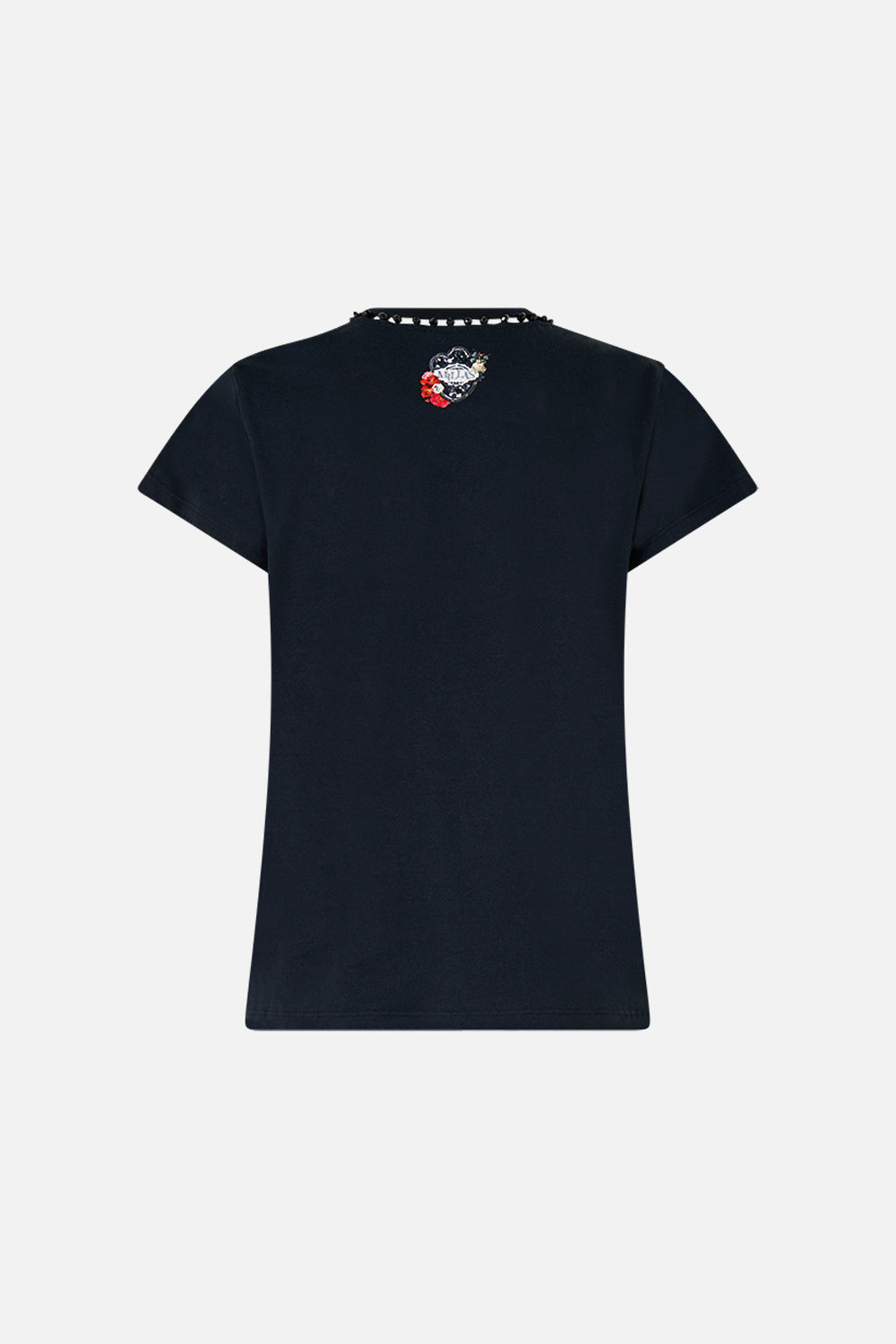 The CAMILLA Slim Fit Round Neck T-Shirt - Black in our Perfumed In Porto print.