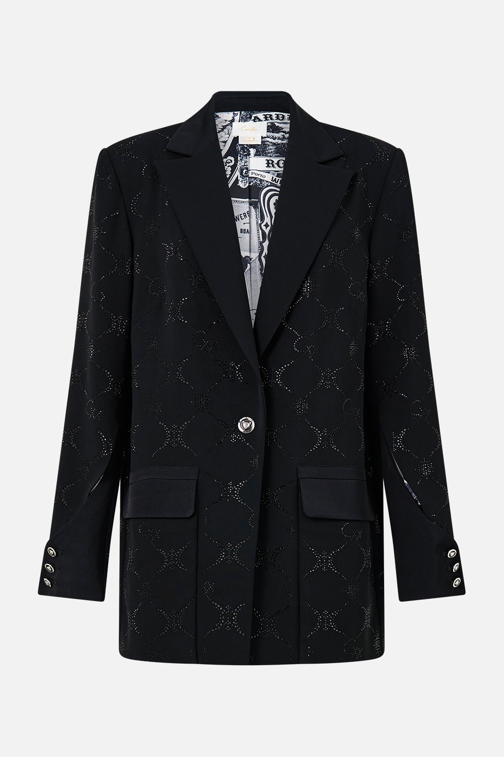 The CAMILLA JACKET WITH SLEEVE CUT OUT DETAIL SOLID BLACK in our  print.