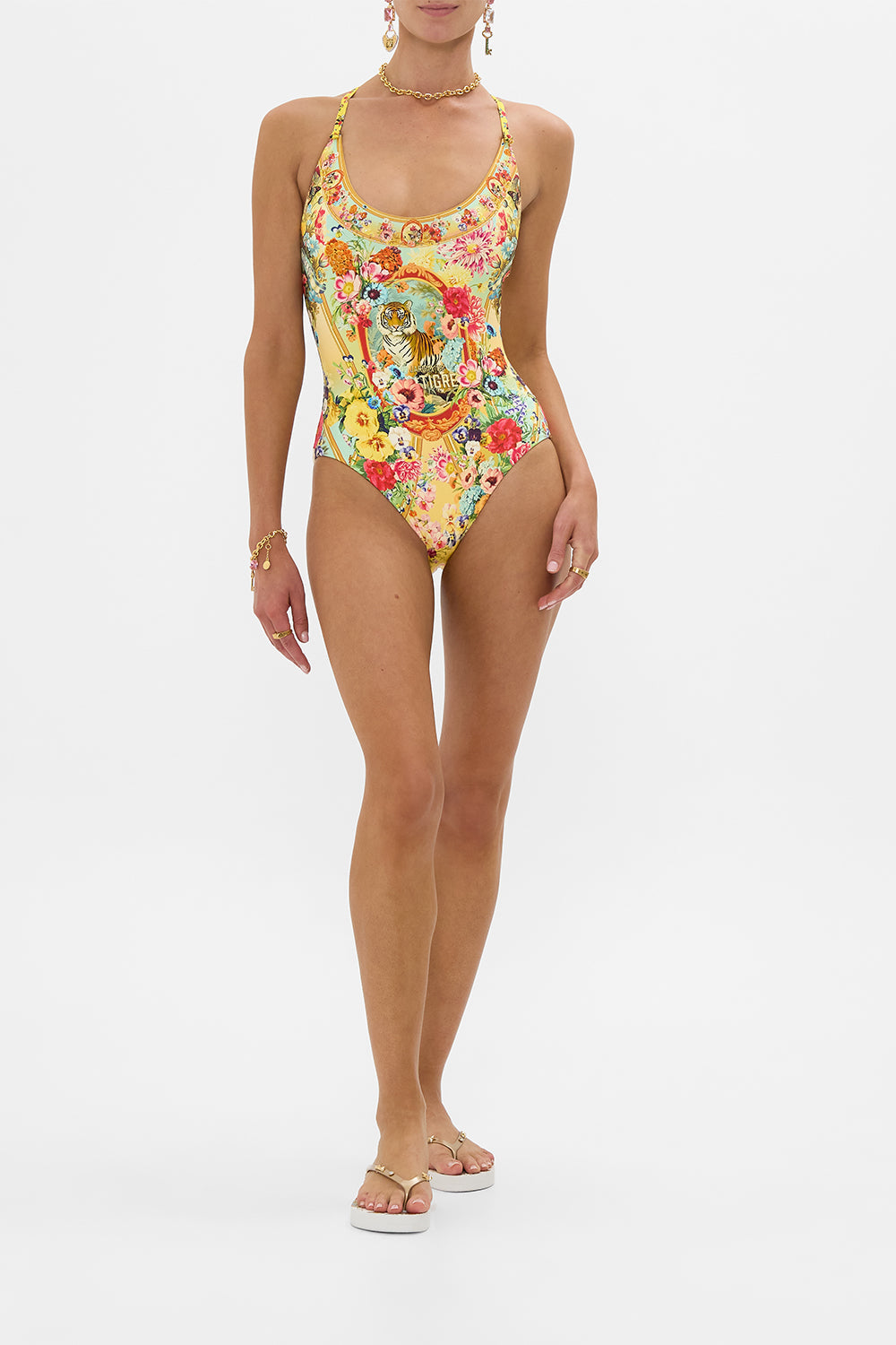The CAMILLA SCOOP NECK ONE PIECE WITH BUTTON STRAPS AROMATIC TIGER FLOWER in our AROMATIC TIGER FLOWER print.