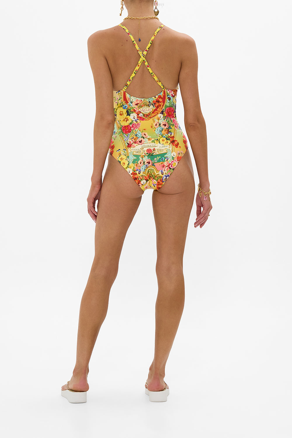The CAMILLA SCOOP NECK ONE PIECE WITH BUTTON STRAPS AROMATIC TIGER FLOWER in our  print.