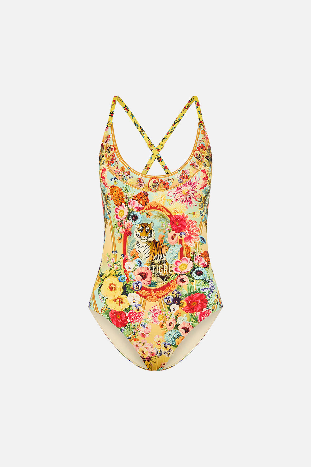 The CAMILLA SCOOP NECK ONE PIECE WITH BUTTON STRAPS AROMATIC TIGER FLOWER in our  print.