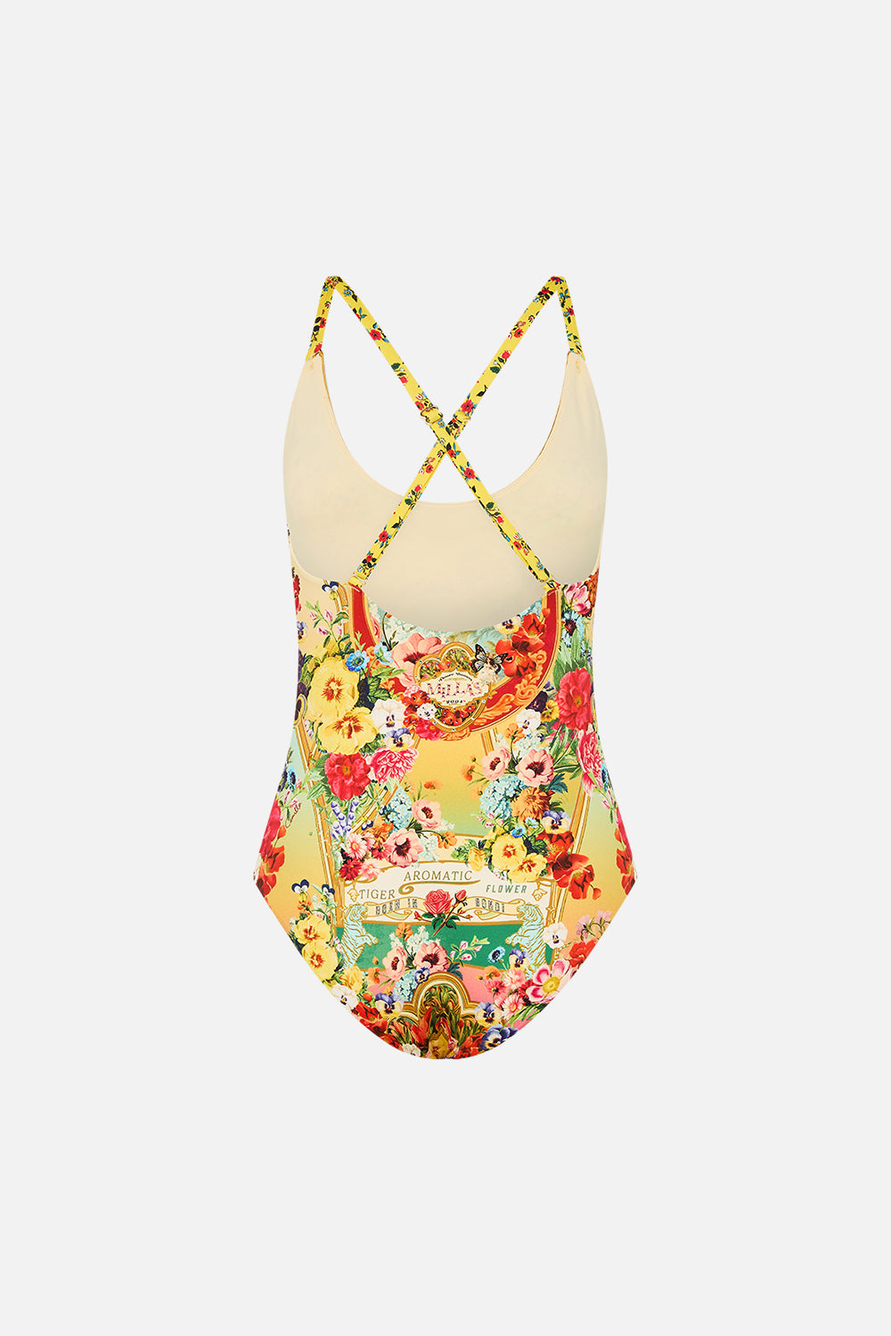 The CAMILLA SCOOP NECK ONE PIECE WITH BUTTON STRAPS AROMATIC TIGER FLOWER in our  print.
