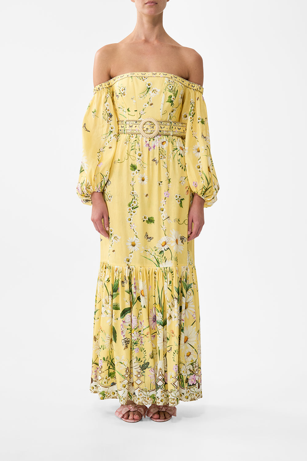 The CAMILLA PUFF SLEEVE CORSET DRESS DAISY CHAINS in our DAISY CHAINS print.