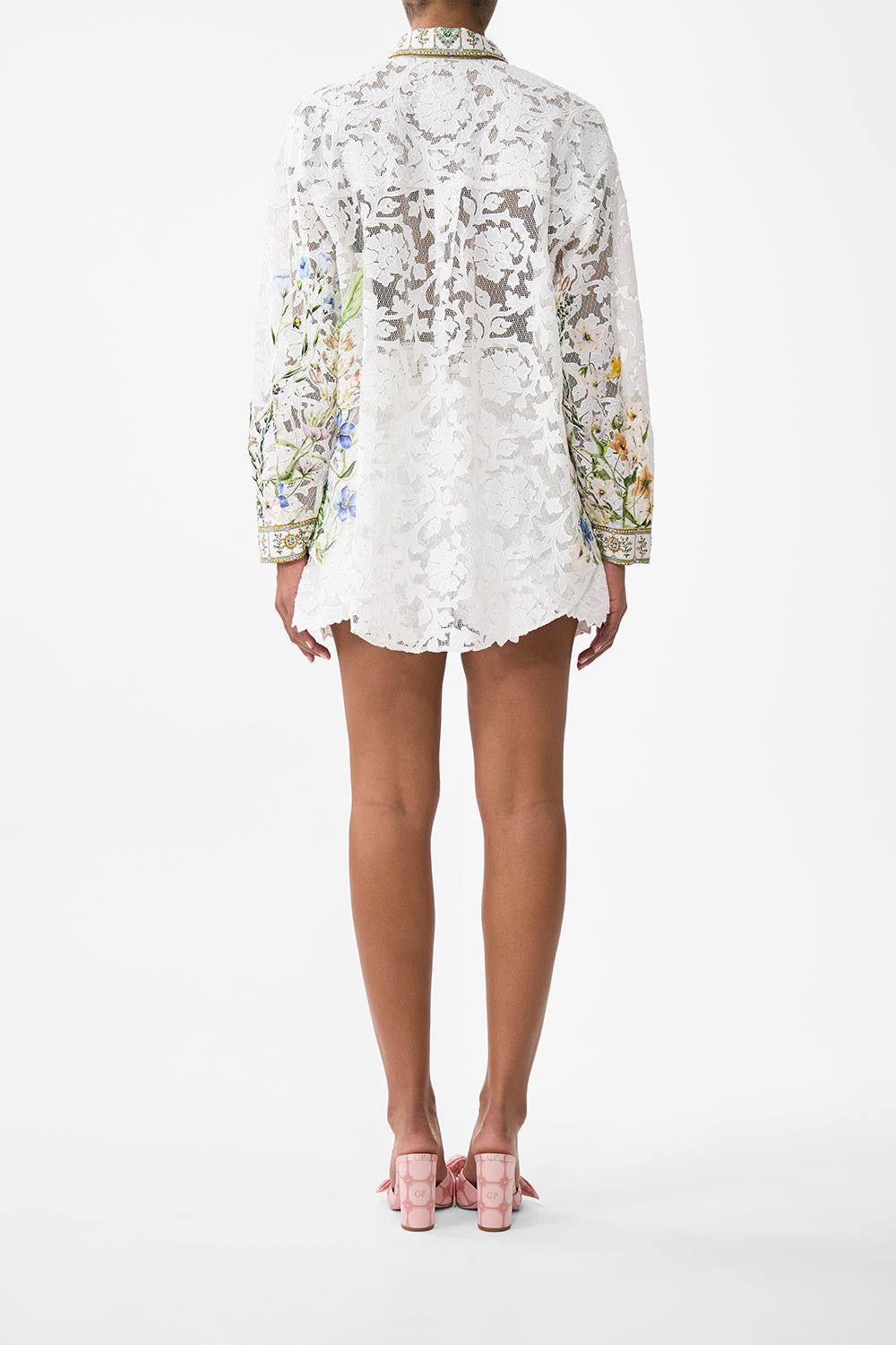 The CAMILLA COLLARED SHIRT WITH SIDE BUTTONS DRESSING ROOM DRAMA in our  print.