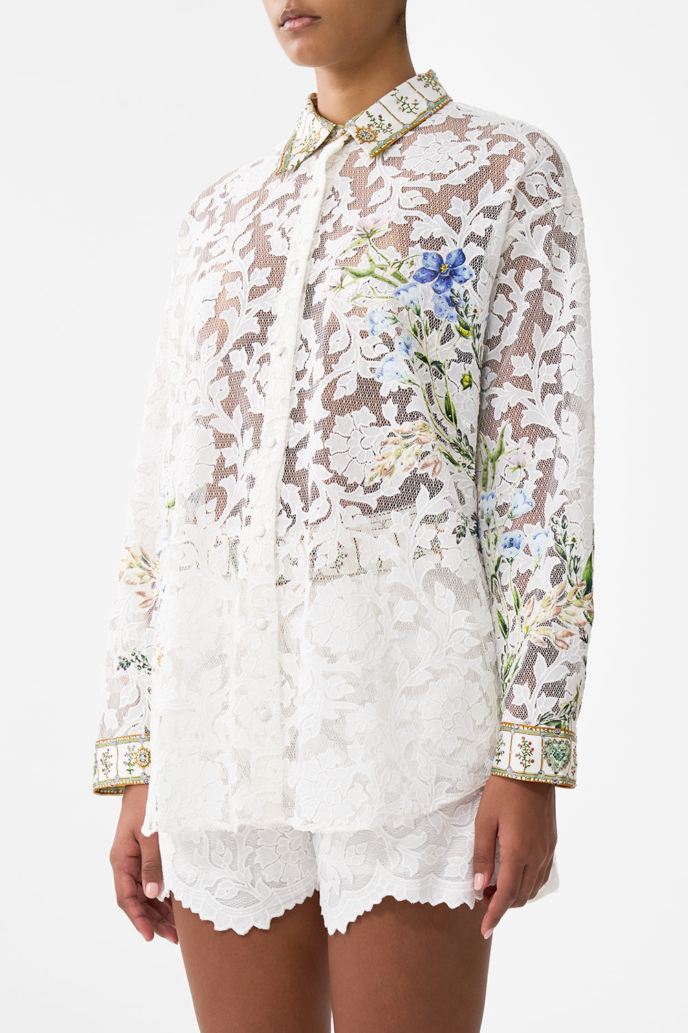 The CAMILLA COLLARED SHIRT WITH SIDE BUTTONS DRESSING ROOM DRAMA in our  print.
