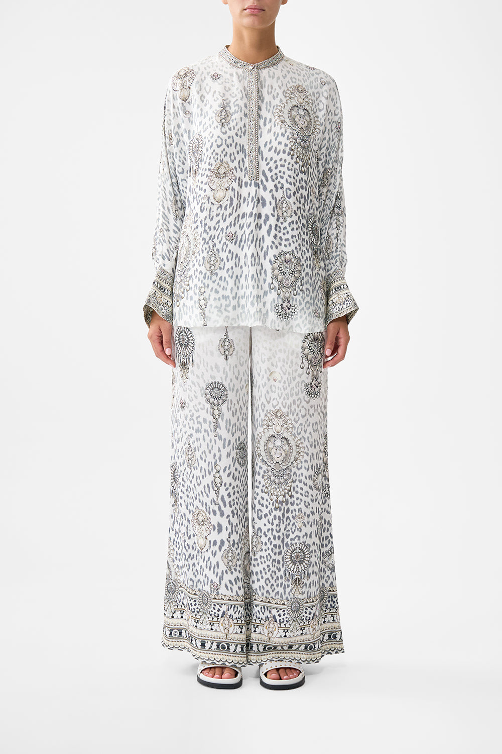 The CAMILLA RELAXED PLACKET DETAIL SHIRT MARBLE HEAVEN in our MARBLE HEAVEN print.