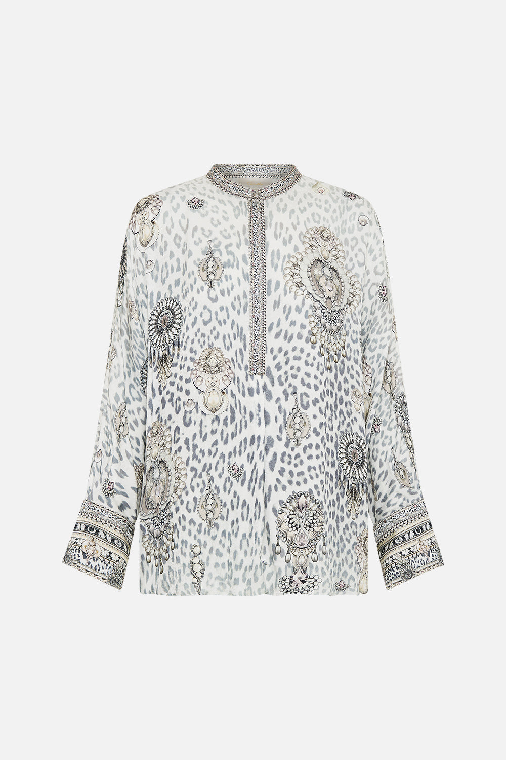 The CAMILLA RELAXED PLACKET DETAIL SHIRT MARBLE HEAVEN in our  print.