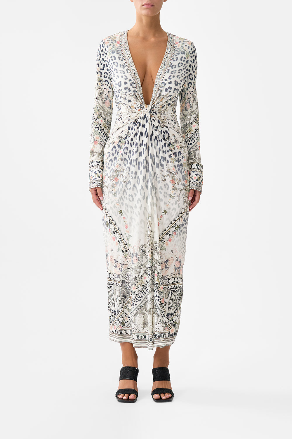 The CAMILLA LONG V NECK TWIST FRONT JERSEY DRESS MARBLE HEAVEN in our MARBLE HEAVEN print.