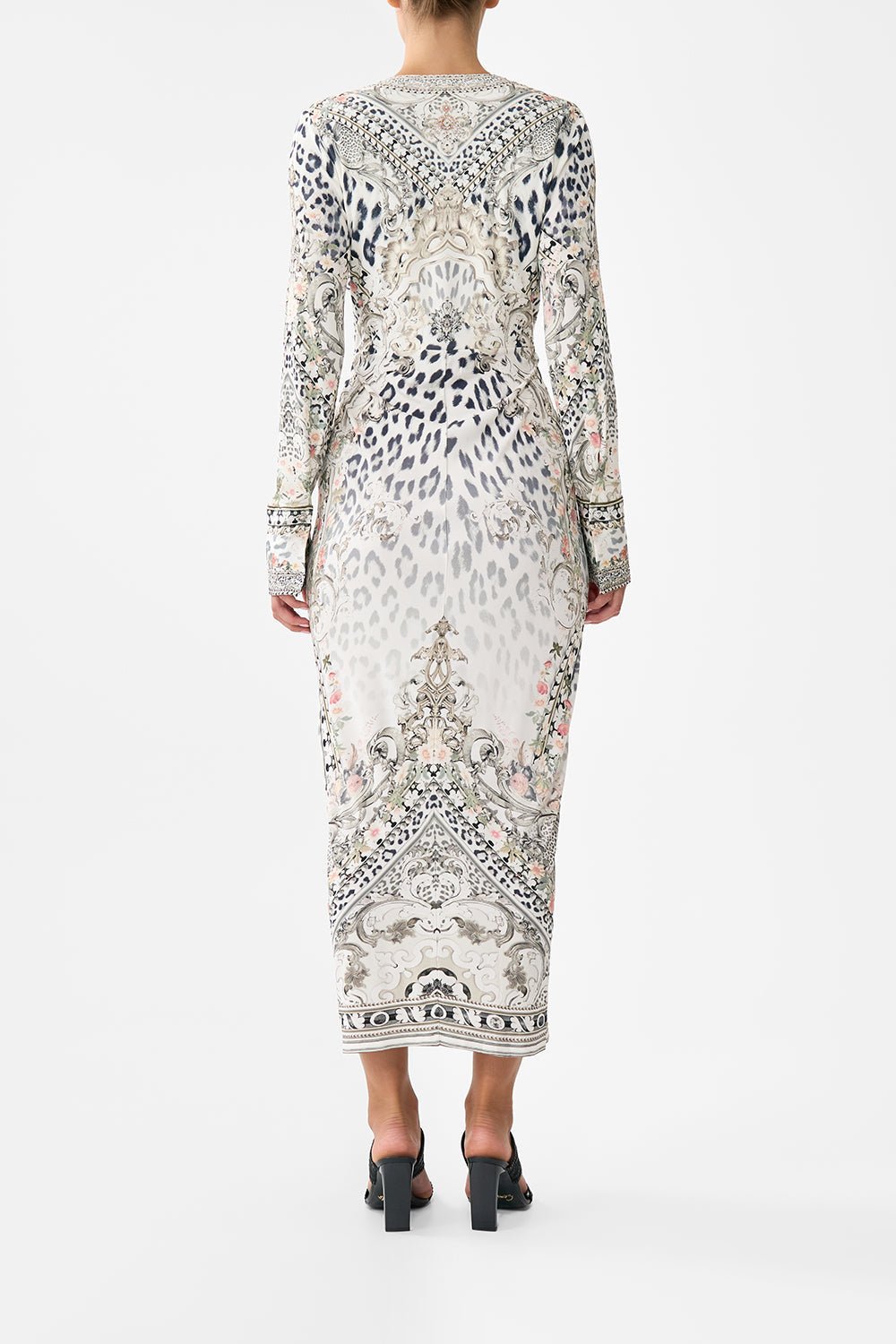 The CAMILLA LONG V NECK TWIST FRONT JERSEY DRESS MARBLE HEAVEN in our  print.