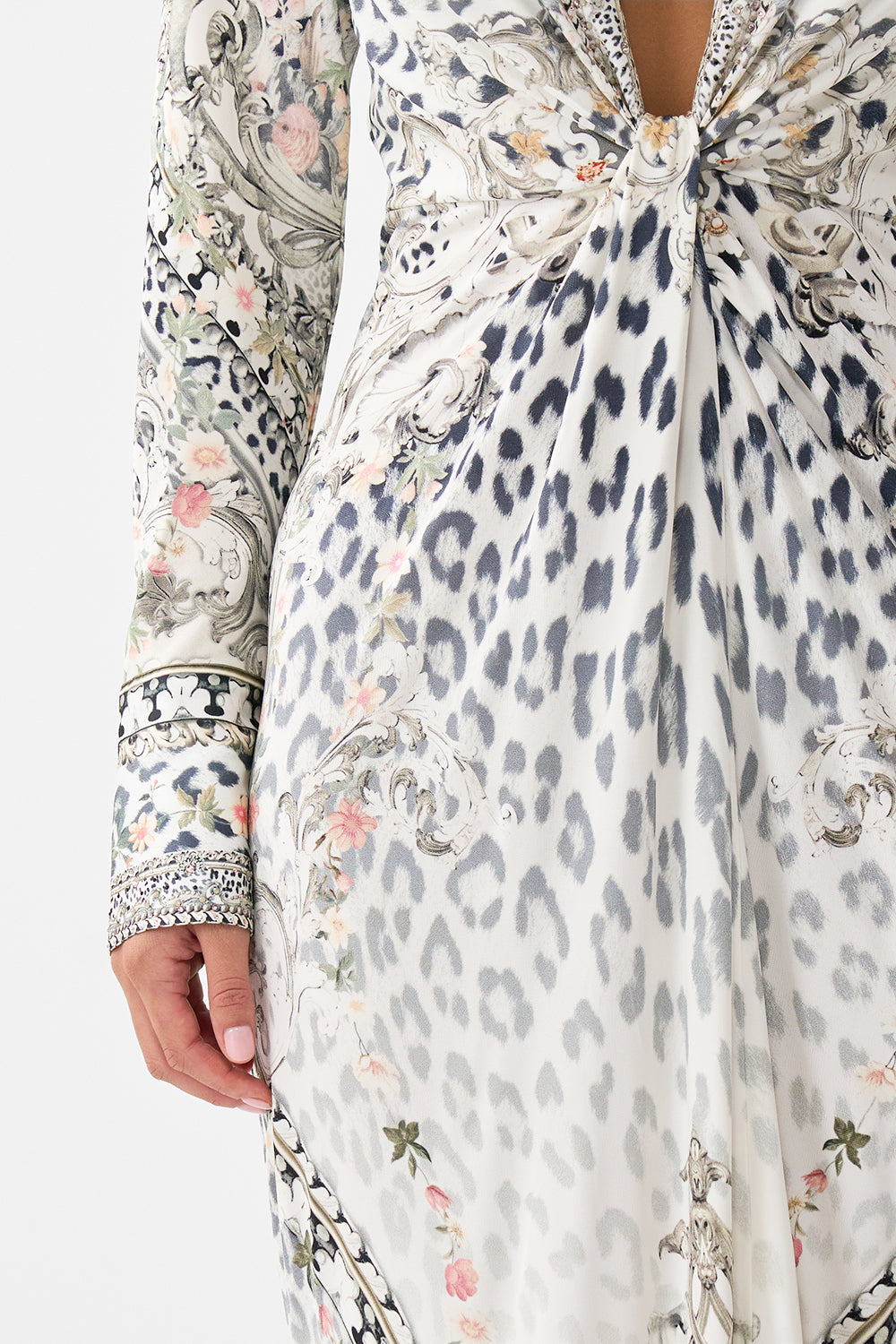 The CAMILLA Long V Neck Twist Front Jersey Dress in our Marble Heaven print.