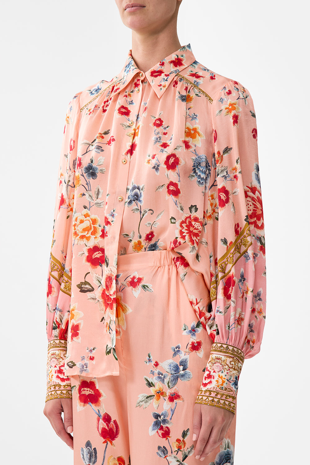 The CAMILLA Button Through Blouson Sleeve Blouse in our Majestic Milla print.